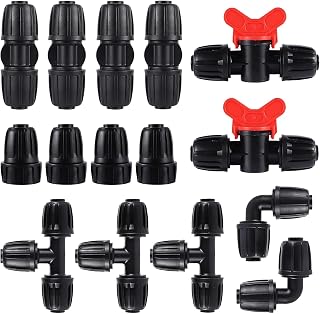 15 Pcs Drip Irrigation Fittings Kit for 1/2 in Tubing, Drip Line Parts for Sprinkler System - 3 Tees, 4 Couplings, 2 Elbows, 4 End Closure Plugs, 2 Switch Valves
