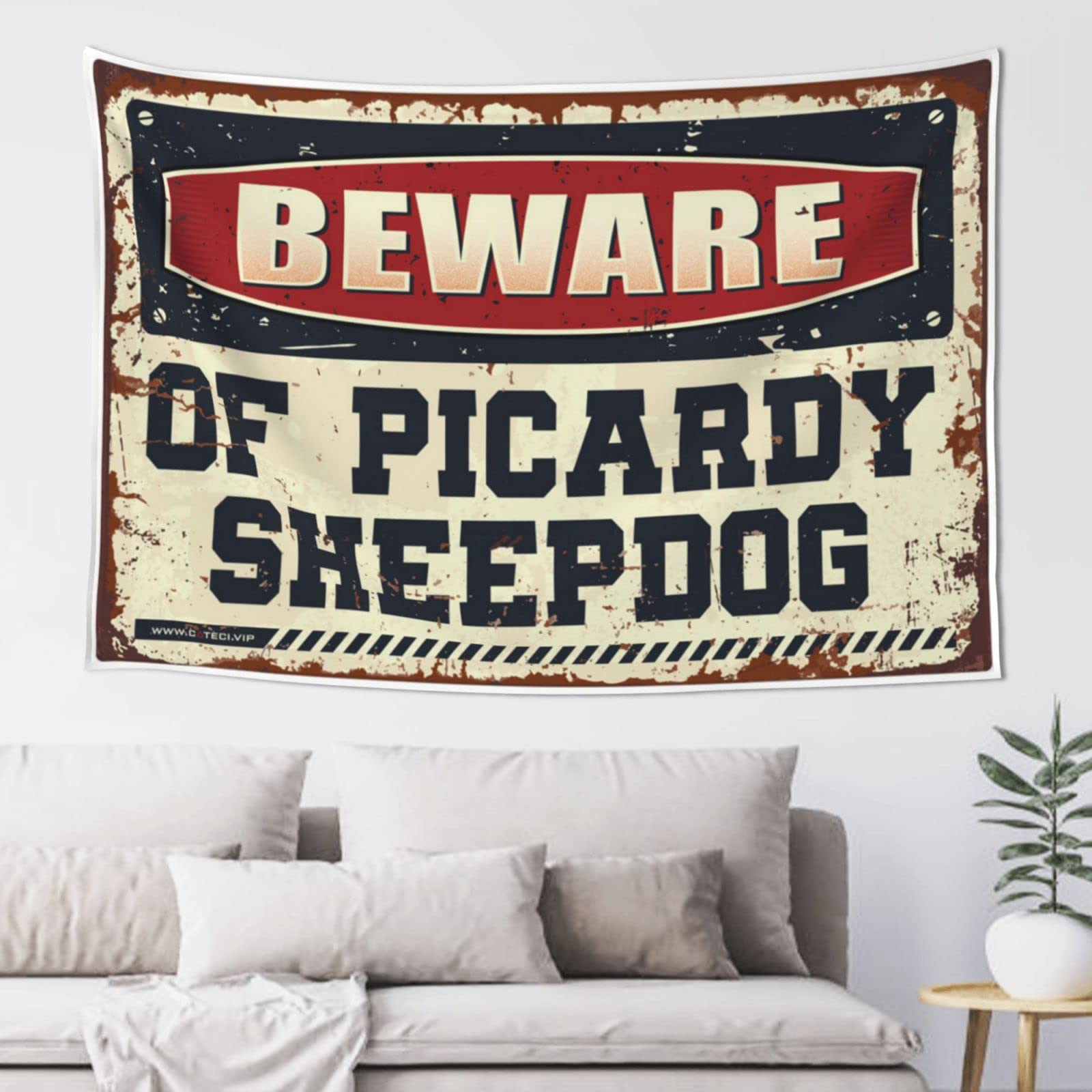 PRAVOXI Tapestry For Bedroom Aesthetic Beware Of Picardy Sheepdog Tapestry Men Cave Decor Kawaii Room Decor(100X150CM)