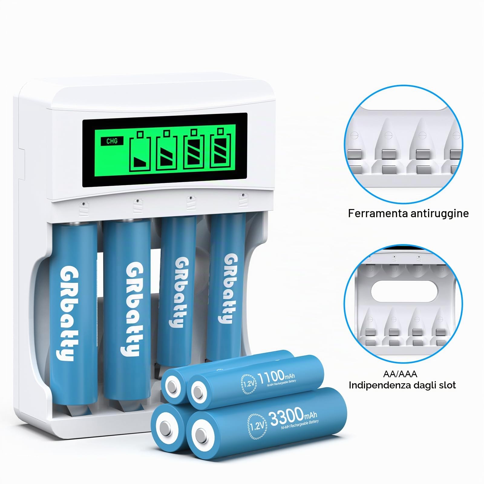 Batterie Ricaricabili AA AAA 3300mAh 1100mAh 1.2V con Caricabatterie LCD 8 Pezzi