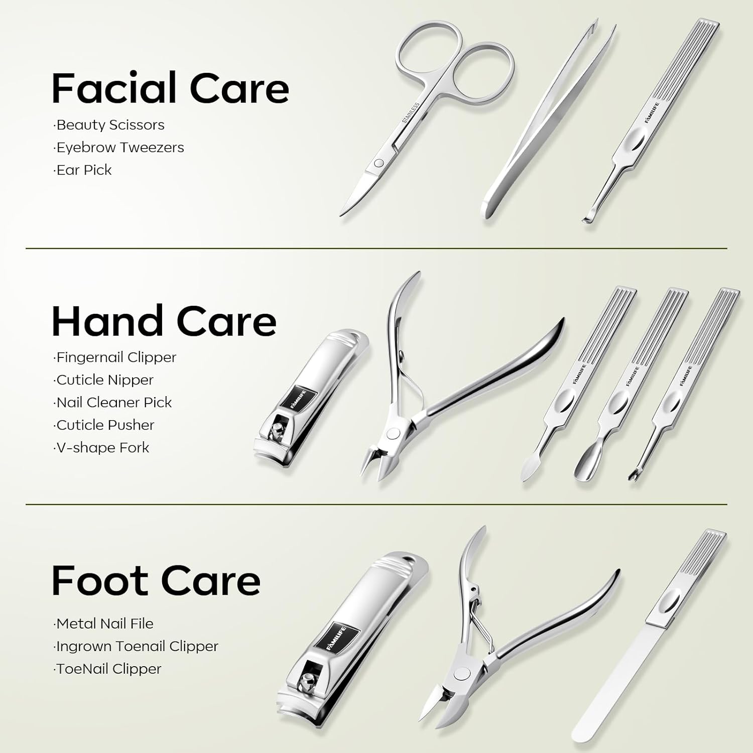 FAMILIFE Manicure Set, Professional Manicure Kit Nail Clippers Set 11 in 1 Stainless Steel Nail Pedicure Tools Kit Grooming Tool with Portable Green Leather Travel Case Luxury Gifts for Women and Men - Image 6