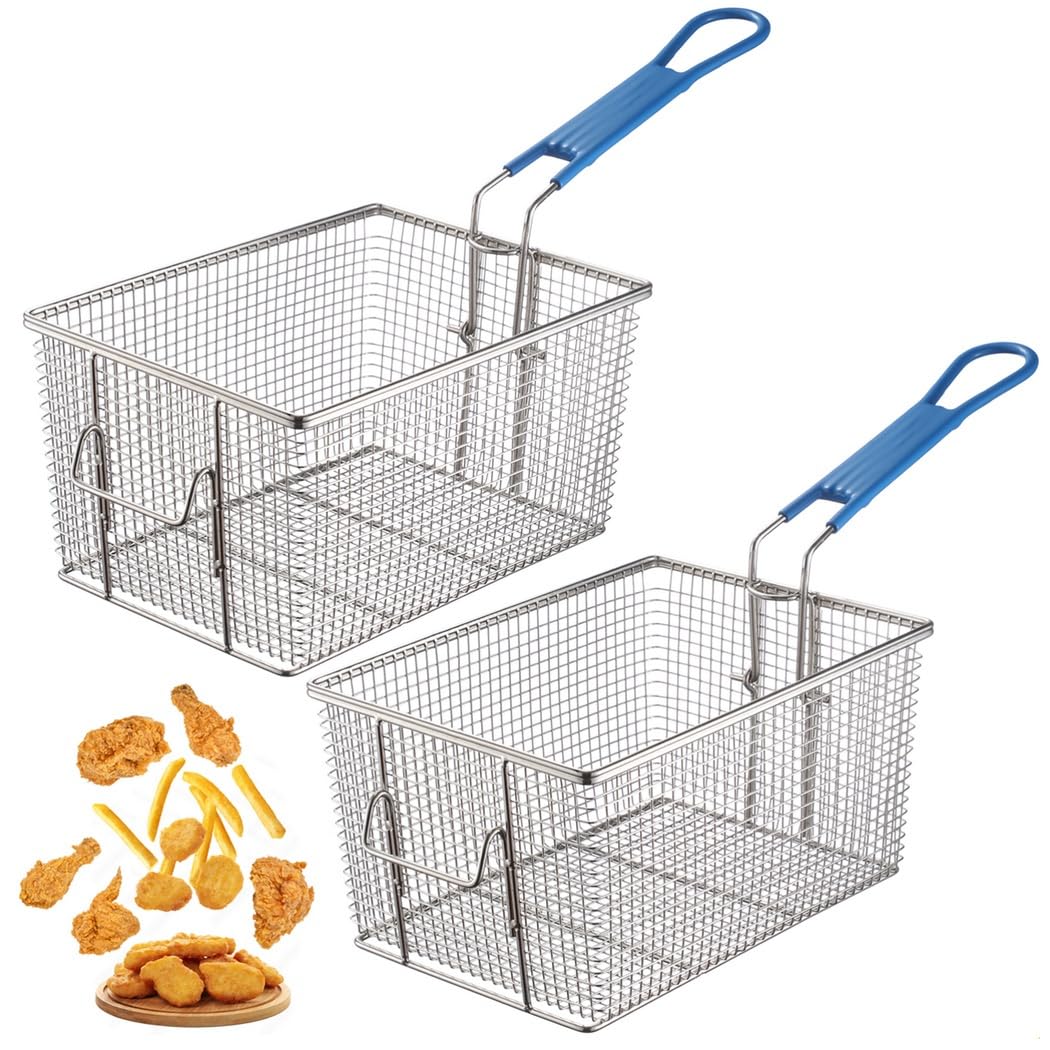 Cestello quadrato per friggitrice con manico antiscivolo, in acciaio inox, resistente, per uso domestico e commerciale, 2 pezzi