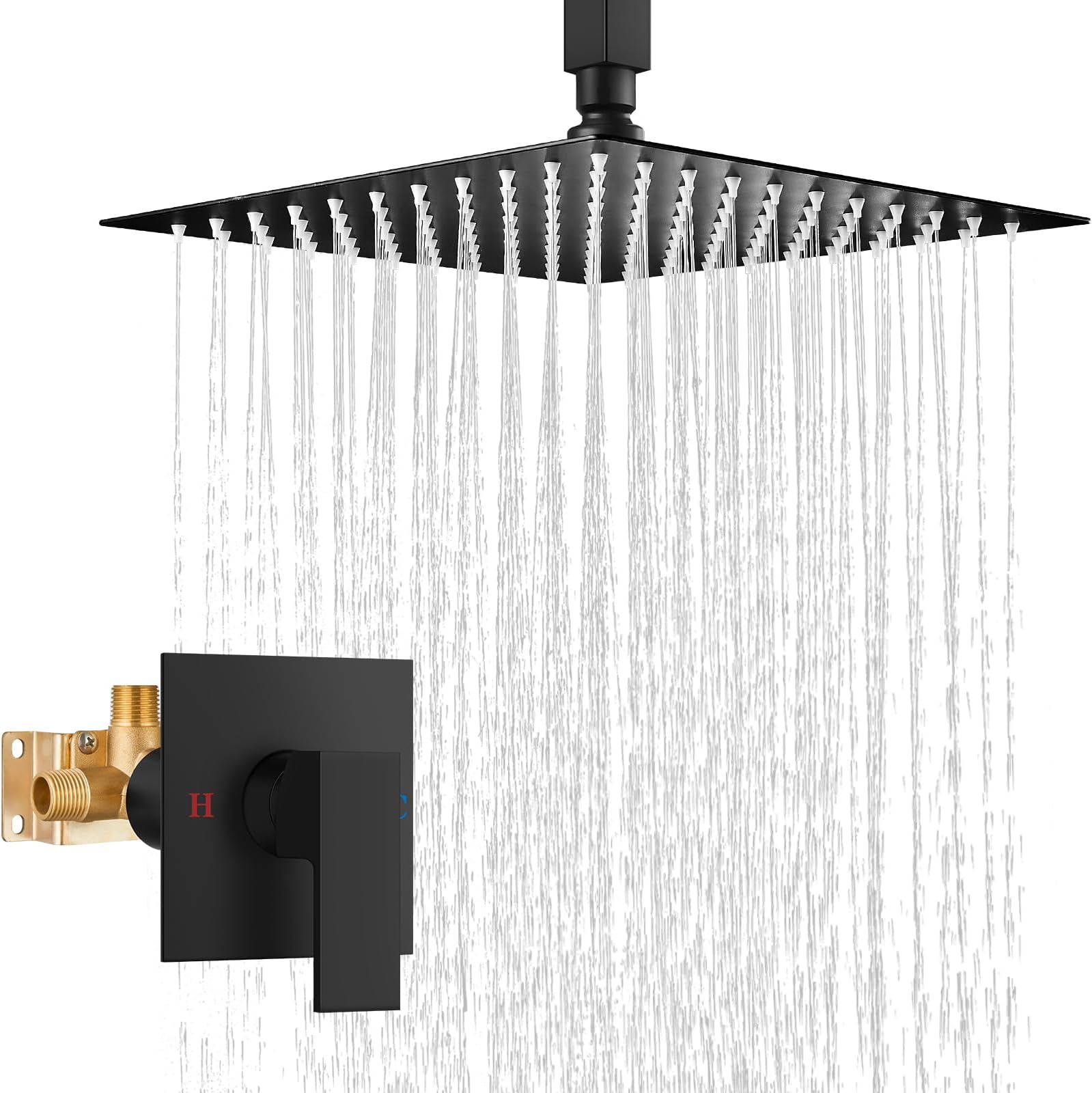 Airuida Shower Faucet Set and Handle Set Single Function Shower Trim Kit Ceiling Mount Rainfall Shower System with Male Threads and Rough-in Valve 12 Inch Square Shower Head Matte Black