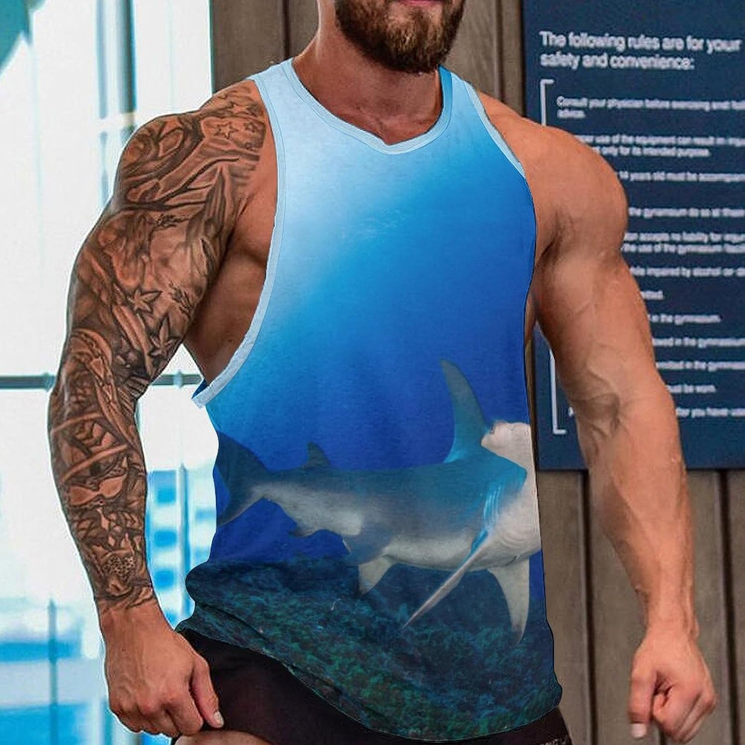 Blue Hammerhead Shark Mens Tank Tops Sleeveless Muscle Shirts Beach Casual Gym Shirt Vest Tee Tops