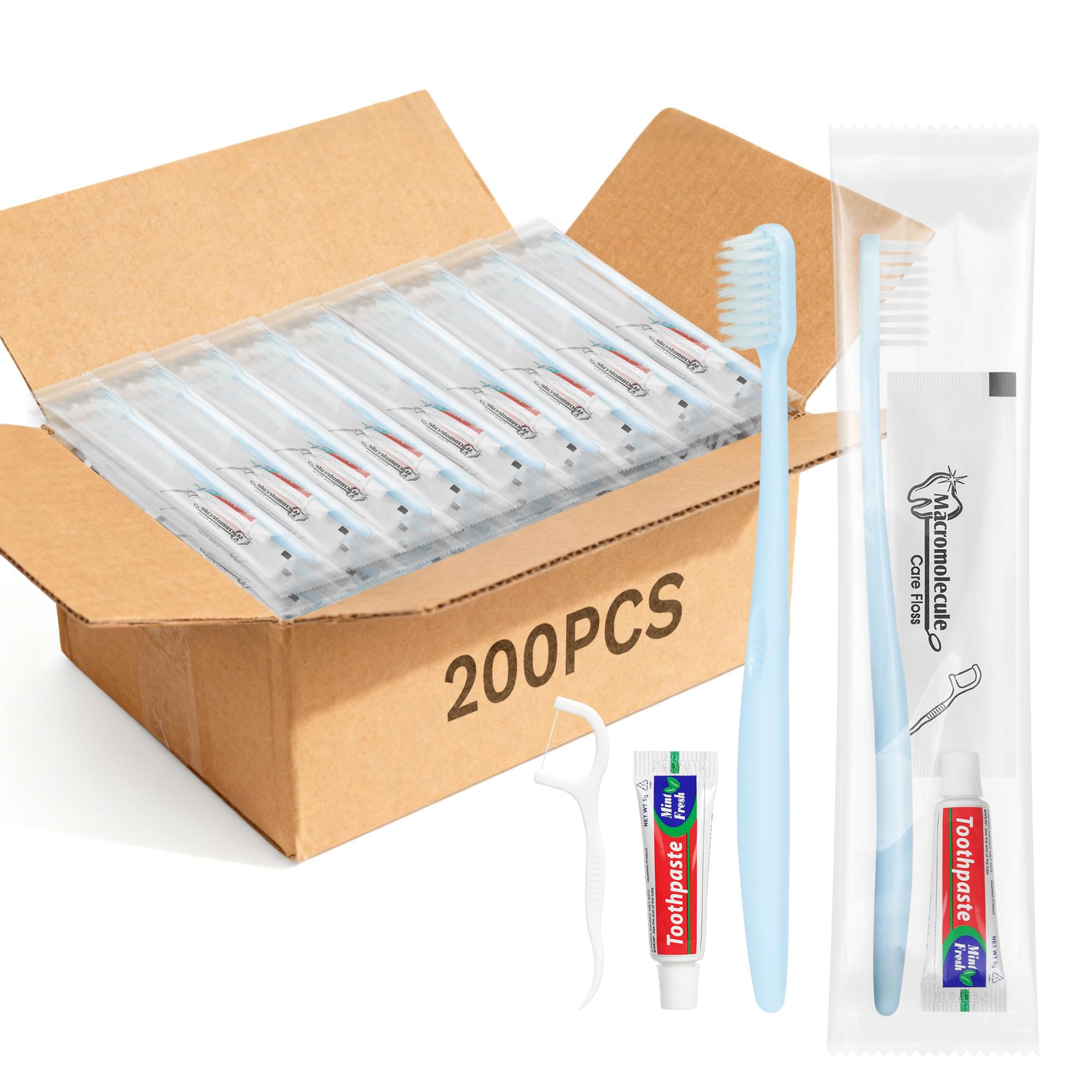 Lot de 200 brosses à dents jetables et dentifrice de voyage emballés individuellement, bleu clair, avec cure-fil, brosse à dents d'hôtel adaptée pour hôtel, maison, camping, voyage