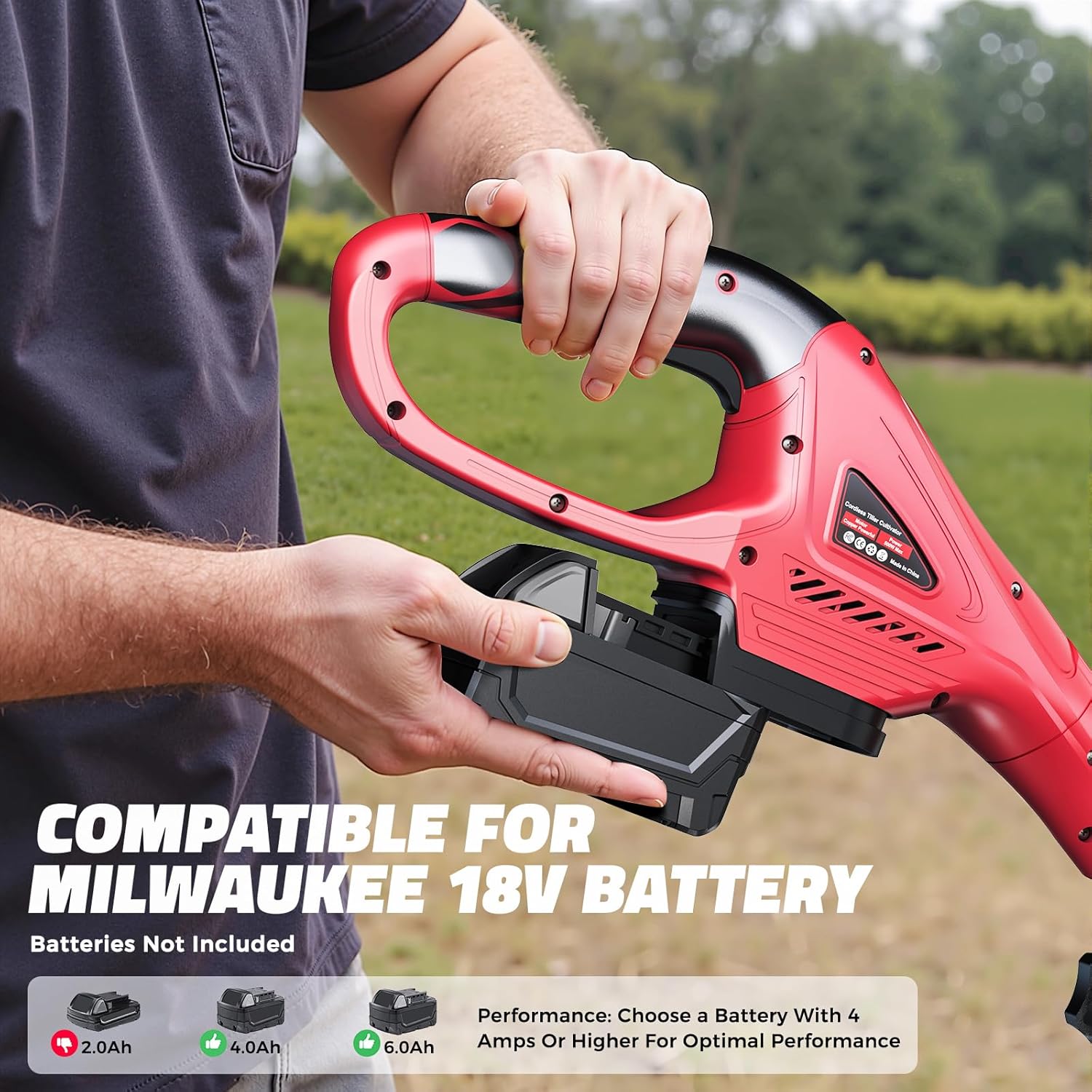 Cordless Tiller Cultivator Compatible with Milwaukee 18V, Tiller for Gardening 360RPM Electric Garden Tiller, Brushless Rototiller 9" Width 6.3" Depth for Lawn/Soil Cultivation (No Battery), Red