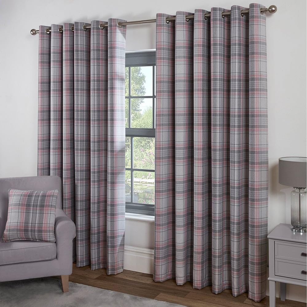 wilko Hatfield Check Blackout Curtains, 229 x 299cm, Blush, Living Room & Bedroom, Eyelet Header, Woven Check Pattern, Country-Inspired