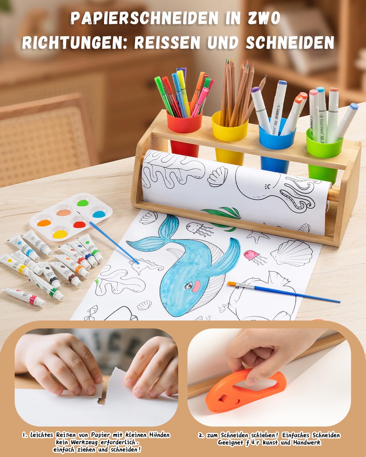 Tisch Malpapier Kinder Maltischdecke mit Holzhalter – Rutschfestes Kreativ-Set mit Farben, Pinseln & Papierrolle Malen Kinder – 35-teilig – Fördert Selbstständigkeit in Schule & Zuhause