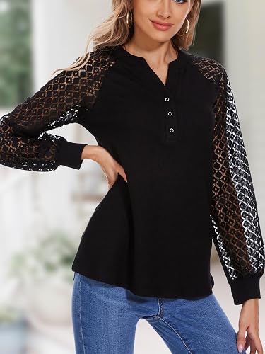 Women Long Sleeve Tops Casual Lace T-shirt V Neck Loose Blouse Business Dressy Tee Shirt Knitted Tops - Image 4