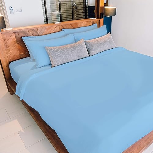 Miniatura 8 de Fab Glass and Mirror DY32-KS0 - Juego de sábanas de satén 100 % algodón de 300 hilos, tamaño King, color azul cielo, 4 piezas, 1 encimera, 1 sábana