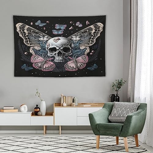 Miniatura 3 de Naykow Tapiz de calavera y mariposa, tapiz rosa trippy negro, tapiz de bruja gótica para dormitorio, decoración de habitación hippie de mariposa (90