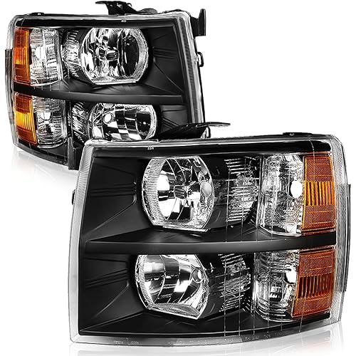 Auto Dynasty Headlights Assembly Compatible with 2007-2014 Chevy Silverado 1500, Driver and Passenger Side Halogen Headlamps Replacement, GM2502280 GM2503280, Black Housing Amber Corner