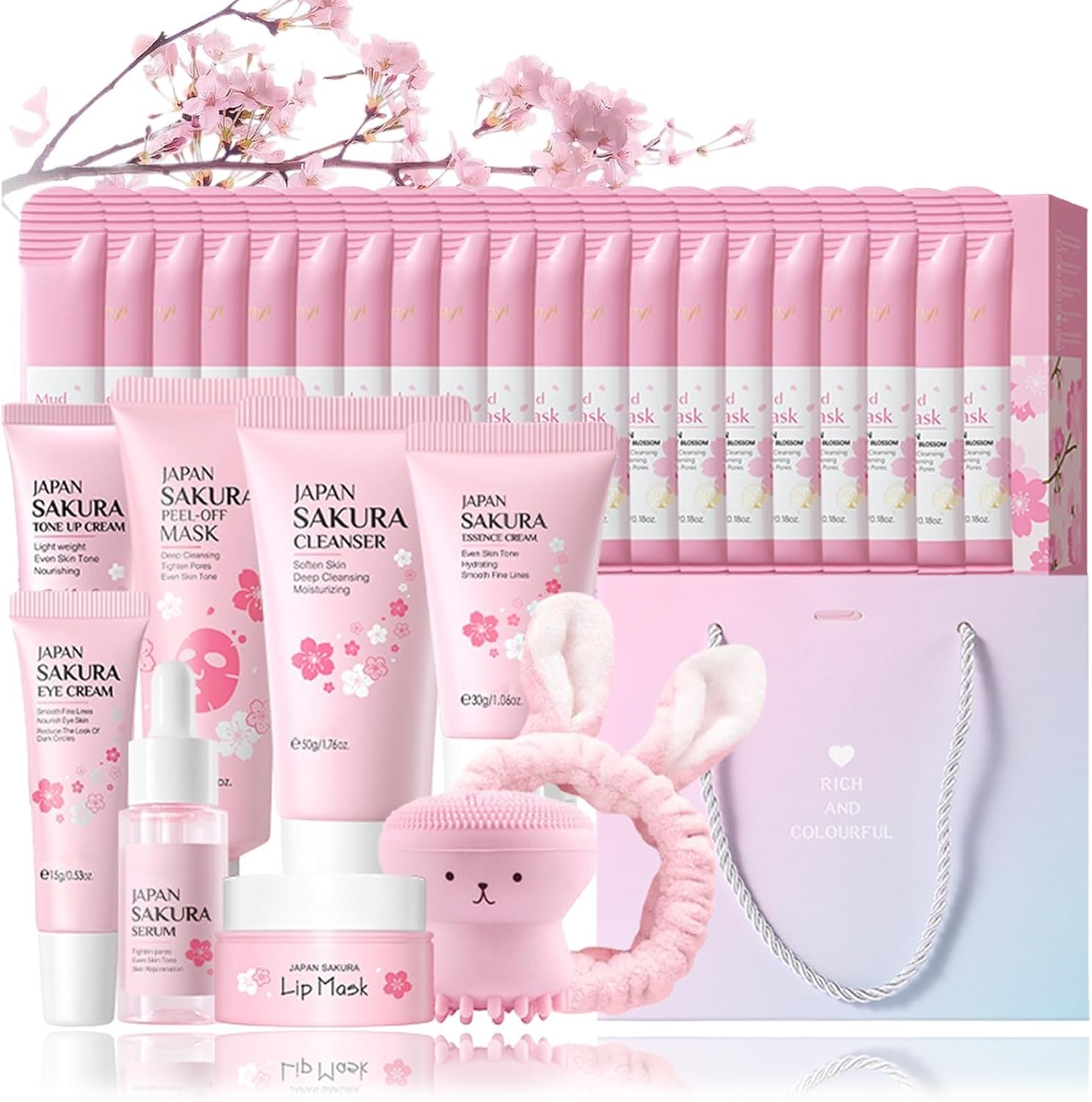 Cherry Blossom Skincare Sets & Kits, Sakura Stocking Fillers Women Gift Set, Complete Skin Care Set For Teen Girls & Women, Teenage Girls Gifts Facial Kit Daily Routine Skin Care 30PCS