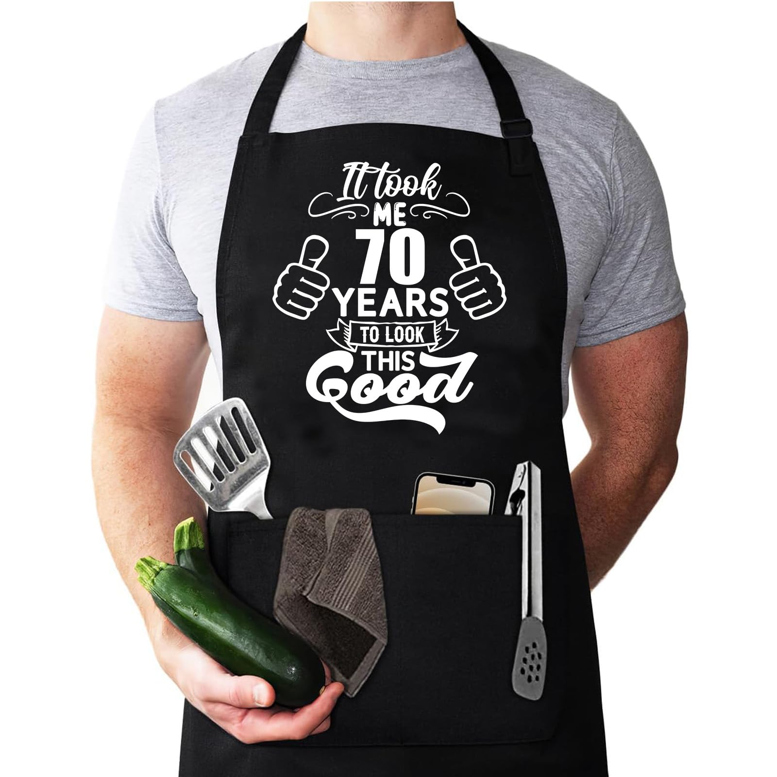 Qoibraze 70th Birthday Gifts for Men Women,Funny Cooking Chef Apron Adjustable for Men with 2 Pockets Kitchen Cooking Grill BBQ Aprons,Birthday Father’s Day Grilling Gifts,One Size Fits All