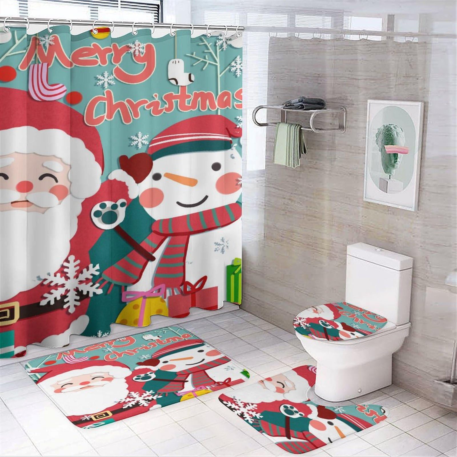 Colección navideña Baño de Cuatro Piezas Tappeto De Baño Absorbente Y Antideslizante, con Material De Diatomita, Ideal para Baños Modernos 183×183cm