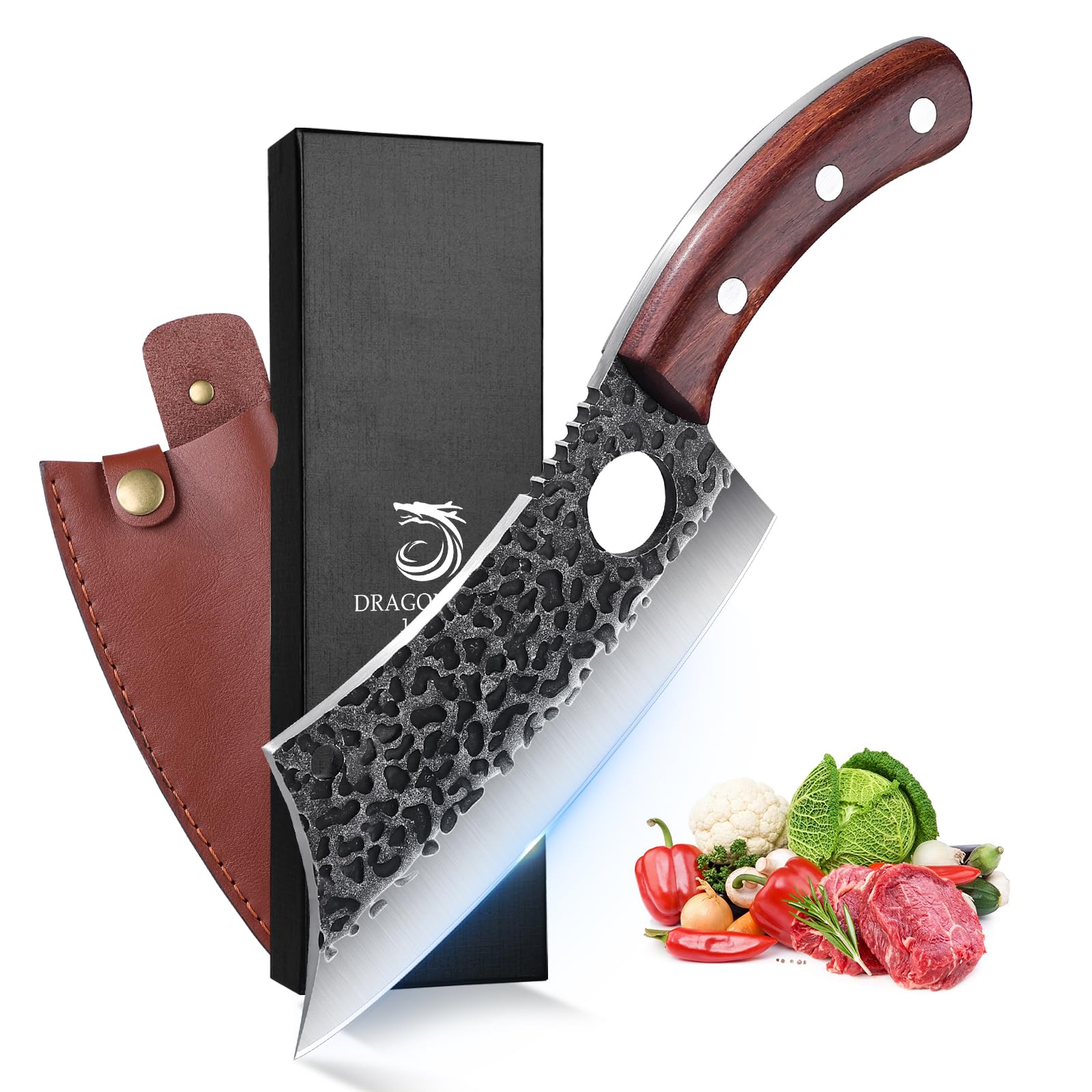 DRAGON RIOT Hackmesser Japanisch, Wikinger Messer mit Holzgriff, Fleischermesser Profi Hackbeil für Knochen, Küchenmesser scharf Metzgermesser, Full Tang Outdoor Messer Fleischerbeil fur Küche Grill