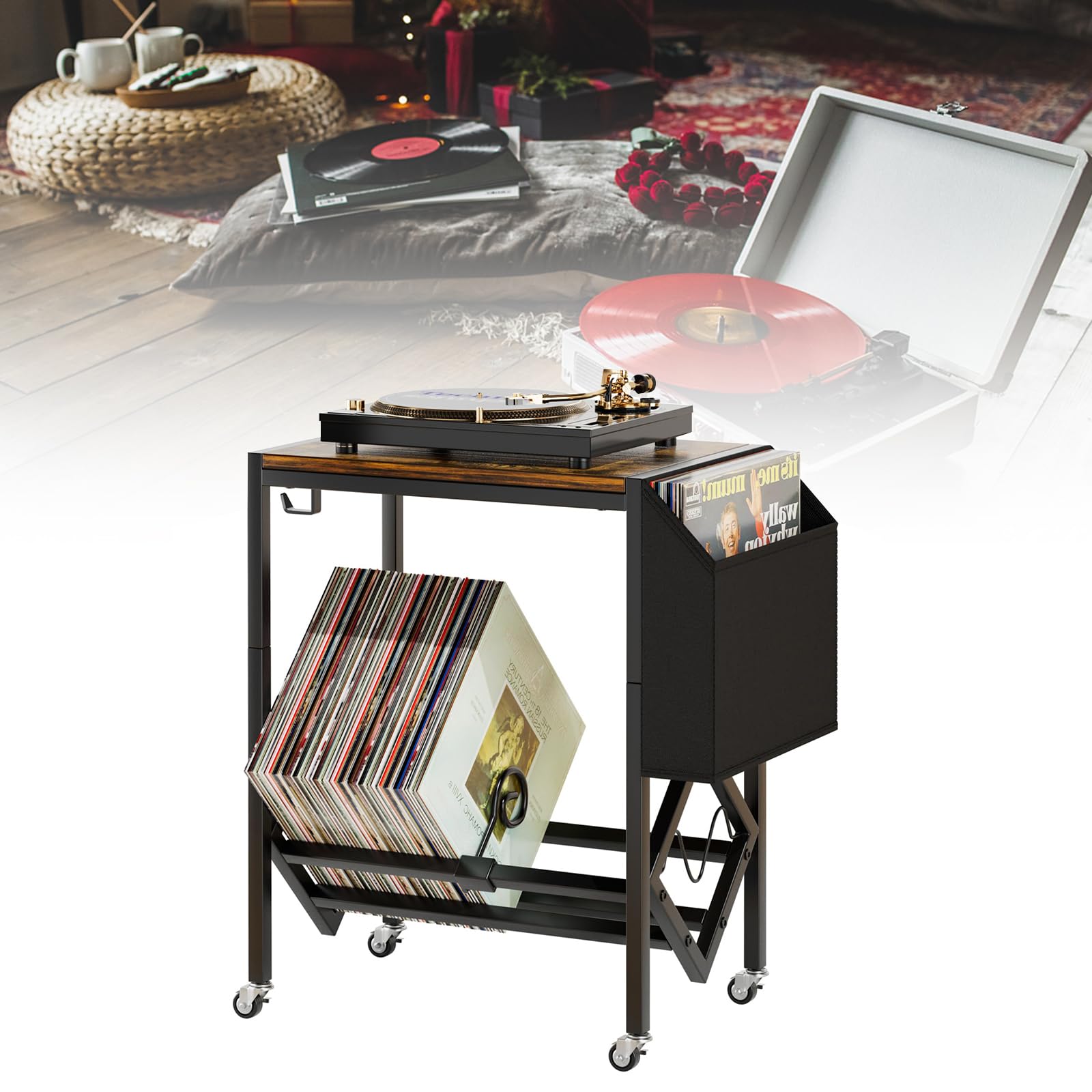 Yoobure Plattenspieler Ständer Mit 3 Etagen & USB-Ladestation – Schwarz, 39x30x66 Cm