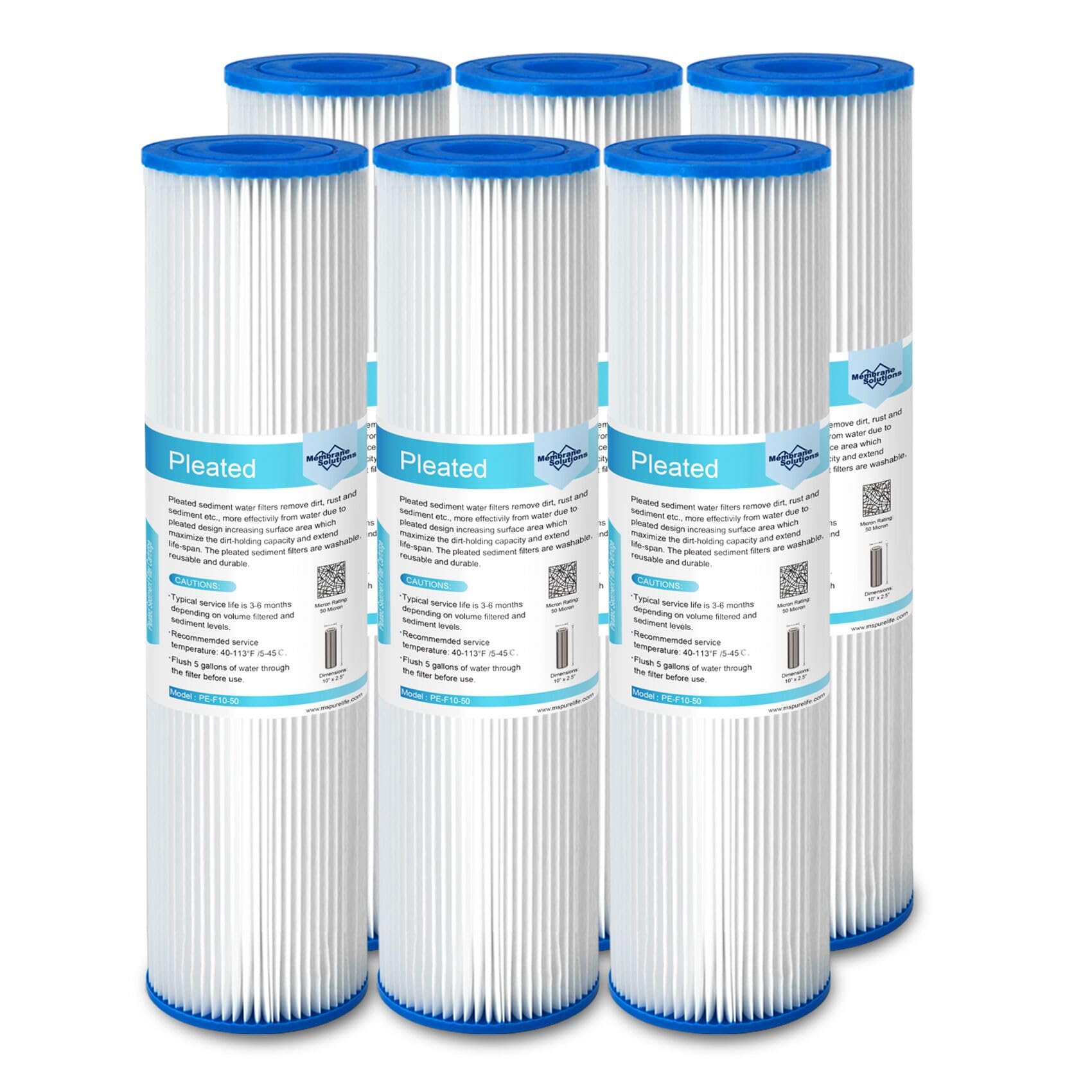 Membrane Solutions 50 Micron Pleated Polyester Sediment Water Filter 10"x2.5" Replacement Cartridge Universal Whole House Pre-Filter Compatible with W50PE, WFPFC3002, SPC-25-1050, FM-50-975 - 6 Pack