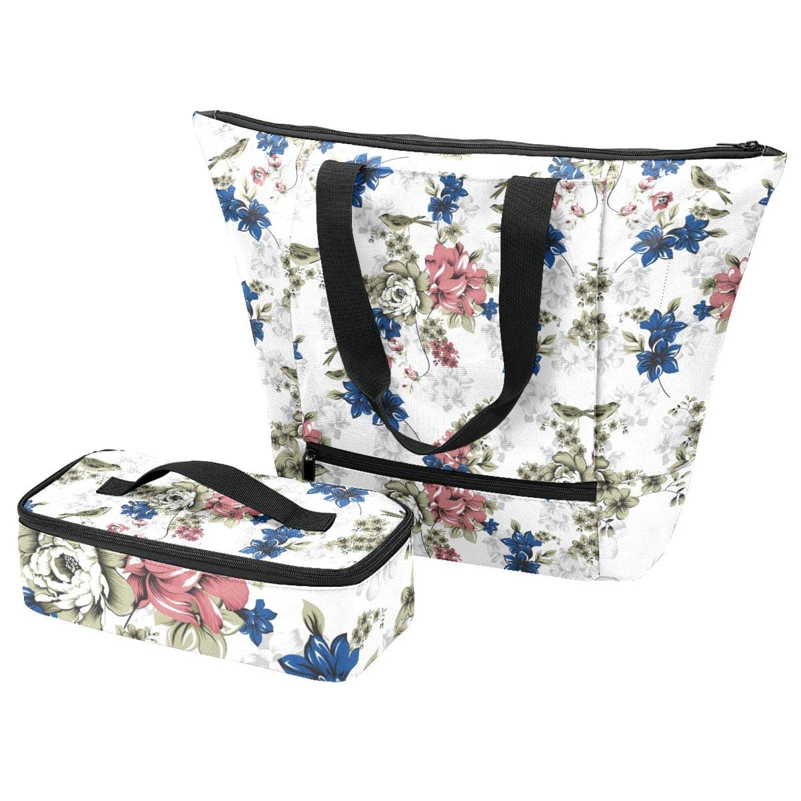 Sac fourre-tout oiseaux et fleurs avec sacs isolants et boîte à lunch thermique étanche