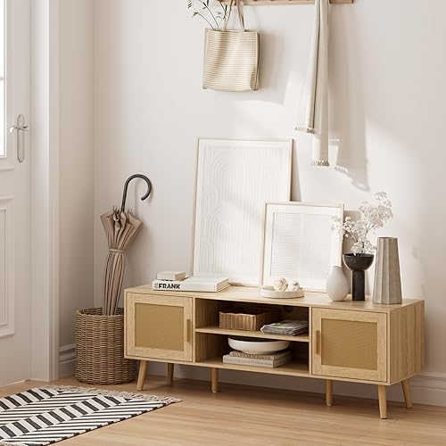 Miniatura 12 de Soporte de TV para TV de 55 a 65 pulgadas, centro de entretenimiento con puerta de bisagra suave, mesa consola de TV con 2 gabinetes con manija