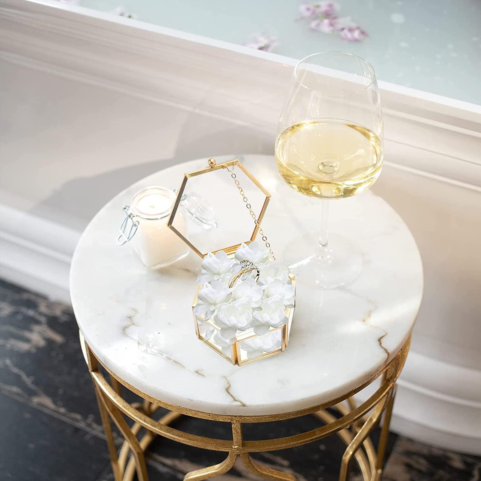Joyero Geométrico de Cristal Dorado, Caja de Anillo de Vidrio Pequeña para Exhibir Joyas y Flores