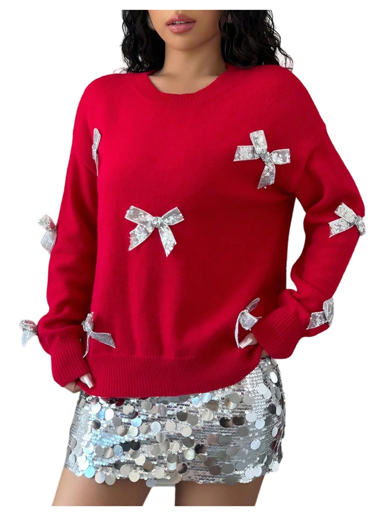 SweatyRocks Womens Cute Bow Crew Neck Loose Sweaters Casual Long Sleeve Knitted Pullovers Tops