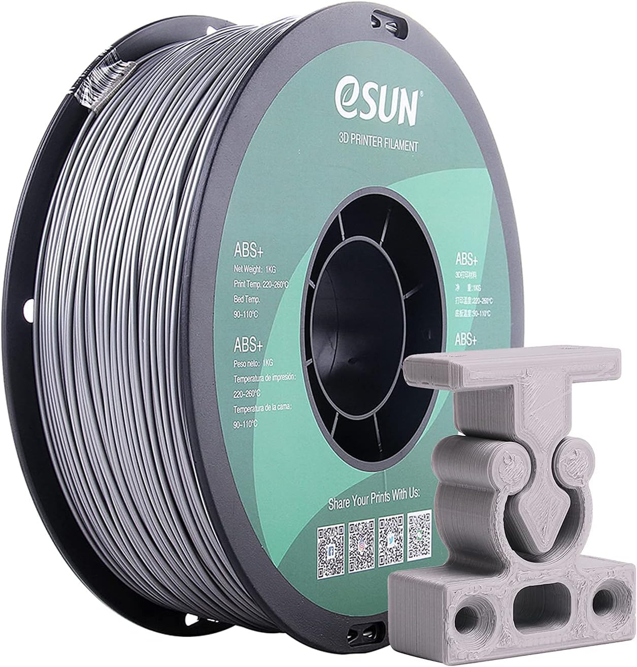 eSUN 1.75mm Gray ABS+ 3D Printer Filament 1kg Spool (2.2lbs), Gray