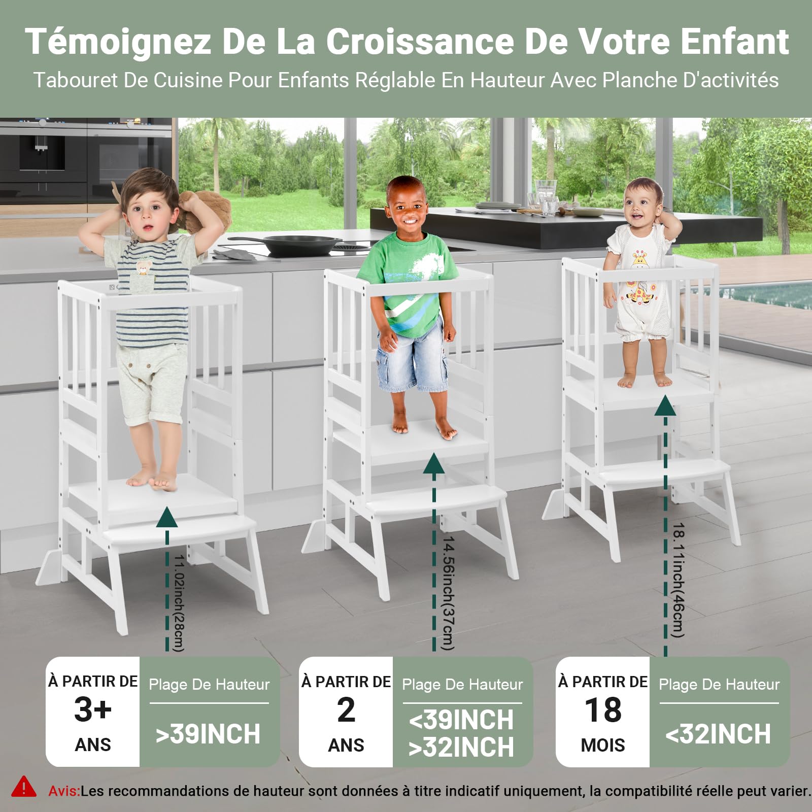 COSYLAND Tour d’Observation Montessori pour Enfant, Hauteur Réglable, Bambou Naturel, Chaise d’Apprentissage Bébé 18 Mois - Classic White