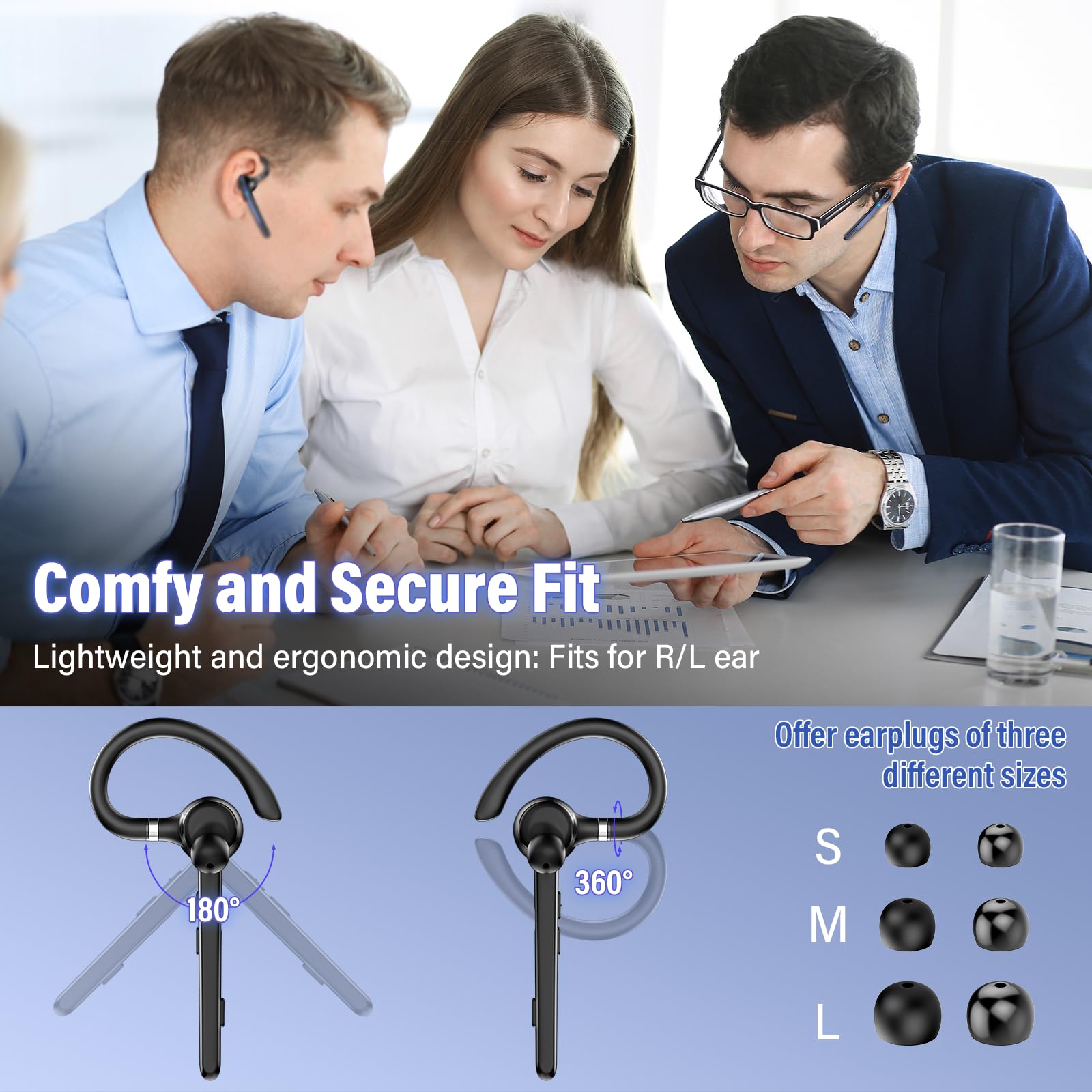 Thunelec Auriculares Manos Libres, 90 Horas aptx Auricular Bluetooth Mono con Doble Mic Cancelación de Ruido, Conexión Dual, Botón Mudo, Auriculares Manos para Camioneros, Negocios y Deporte, Azul