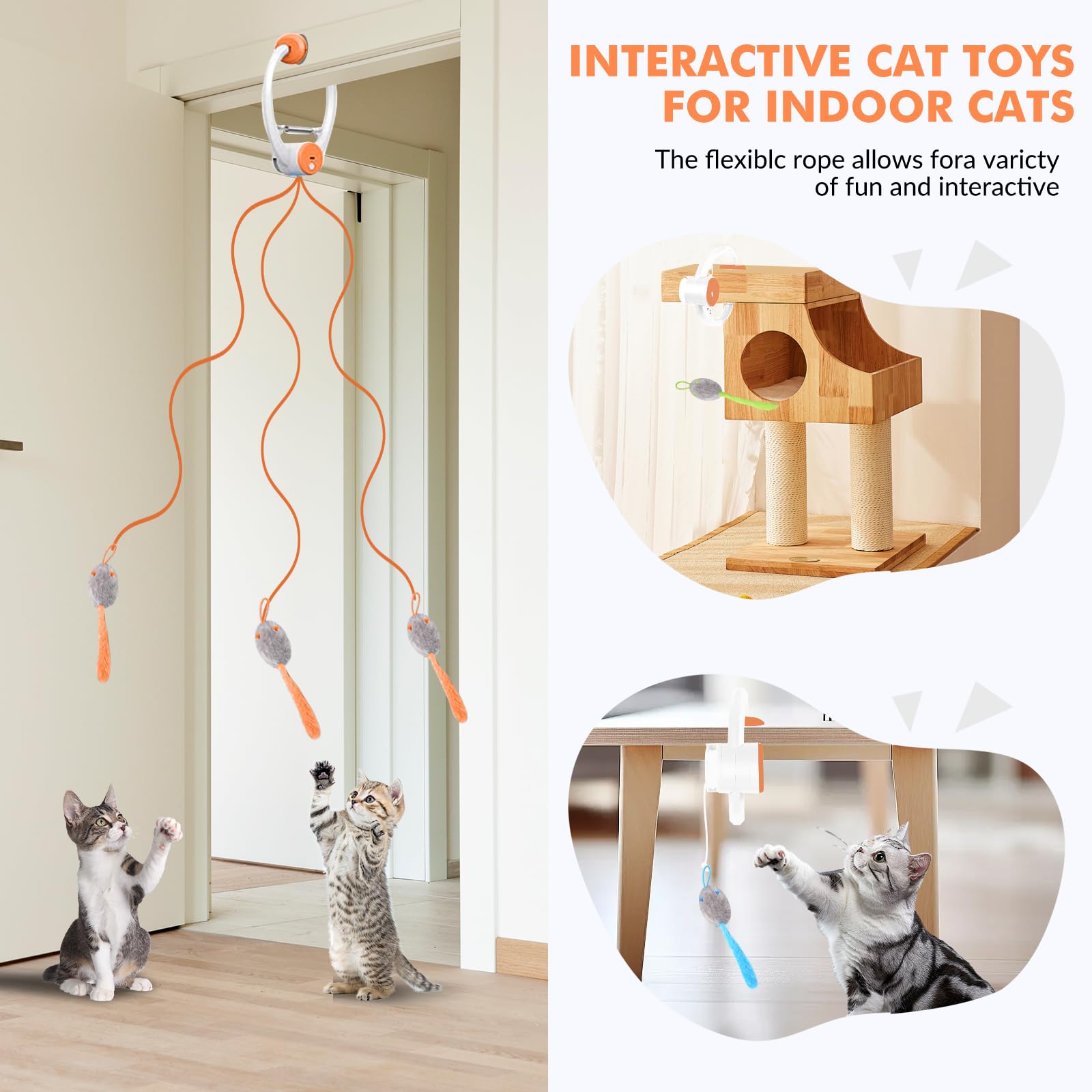 Wortade Interaktives Katzenspielzeug, wiederaufladbar, Federspielzeug für Indoor-Katze, hängendes einziehbares Teaser-Spielzeug, automatisches Kätzchen-Spieljagd, Übungsspielzeug mit drei Plüschmaus