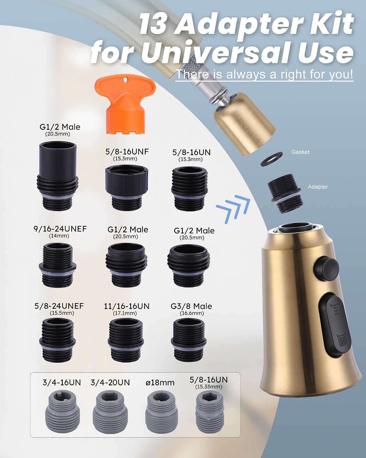 WOWOW Kitchen Faucet Head Replacement, 3 Function Pull Down Faucet Sprayer Head with 13 Adapters, Brushed Gold Kitchen Sprayer Nozzle Compatible with Moen, Delta, Kohler Faucets