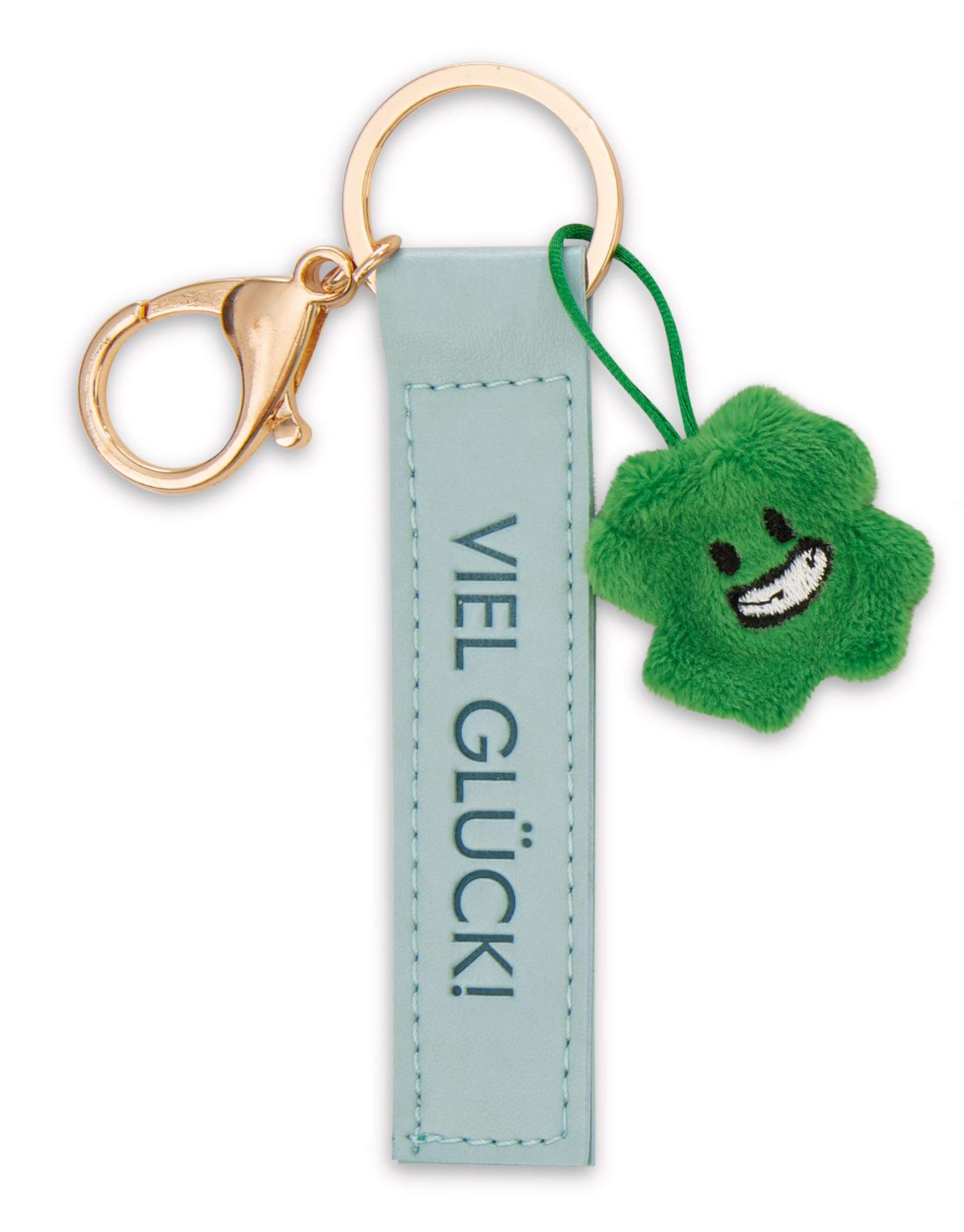NICI Key Ring Viel Glück! Faux Leather Cord Turquoise 10 cm with Clover Leaf