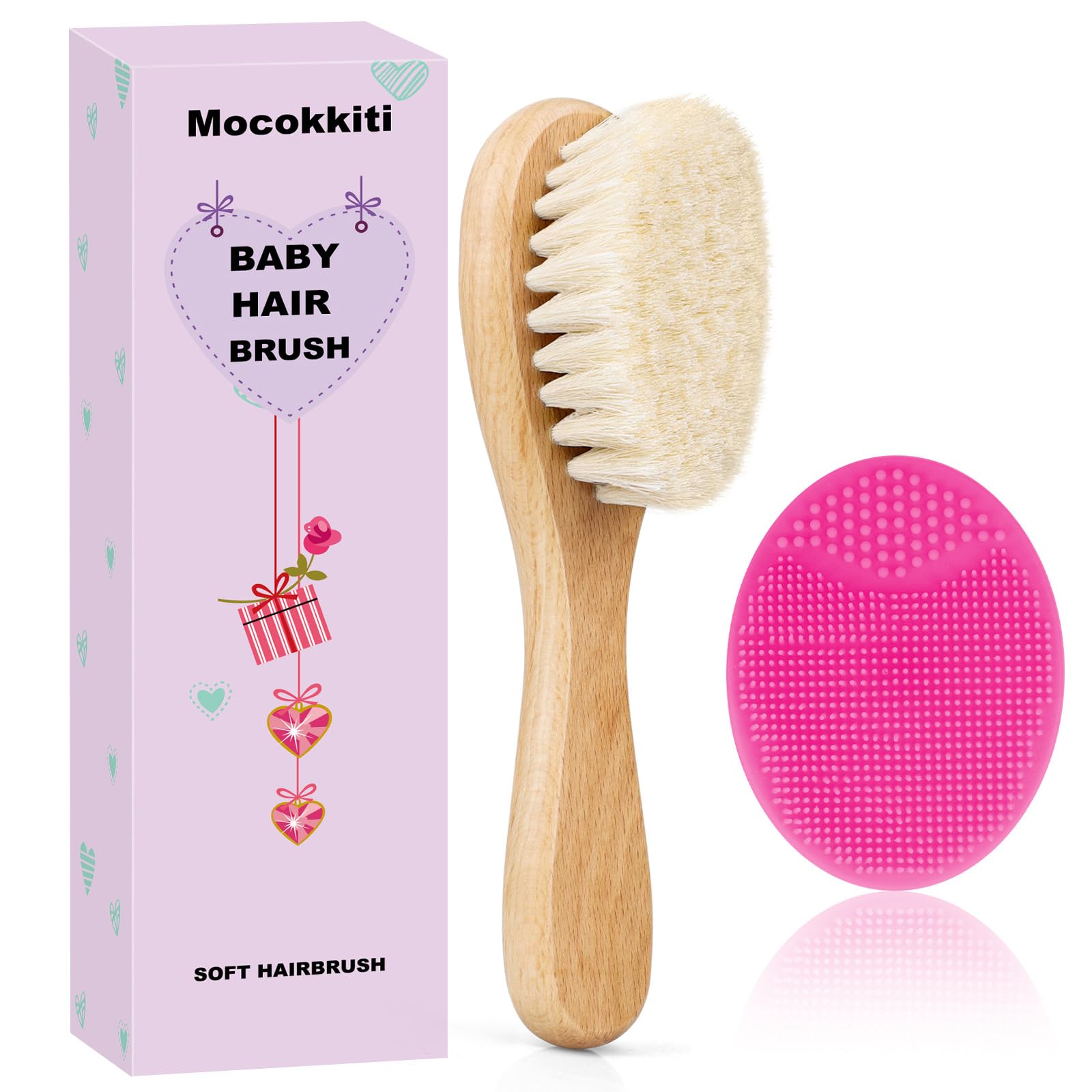 Cepillo de pelo de bebé, cepillo de cerdas de cabra y cepillo de silicona rojo rosa para bebé, cepillo de cerdas de madera para recién nacidos y niños pequeños (2 piezas)