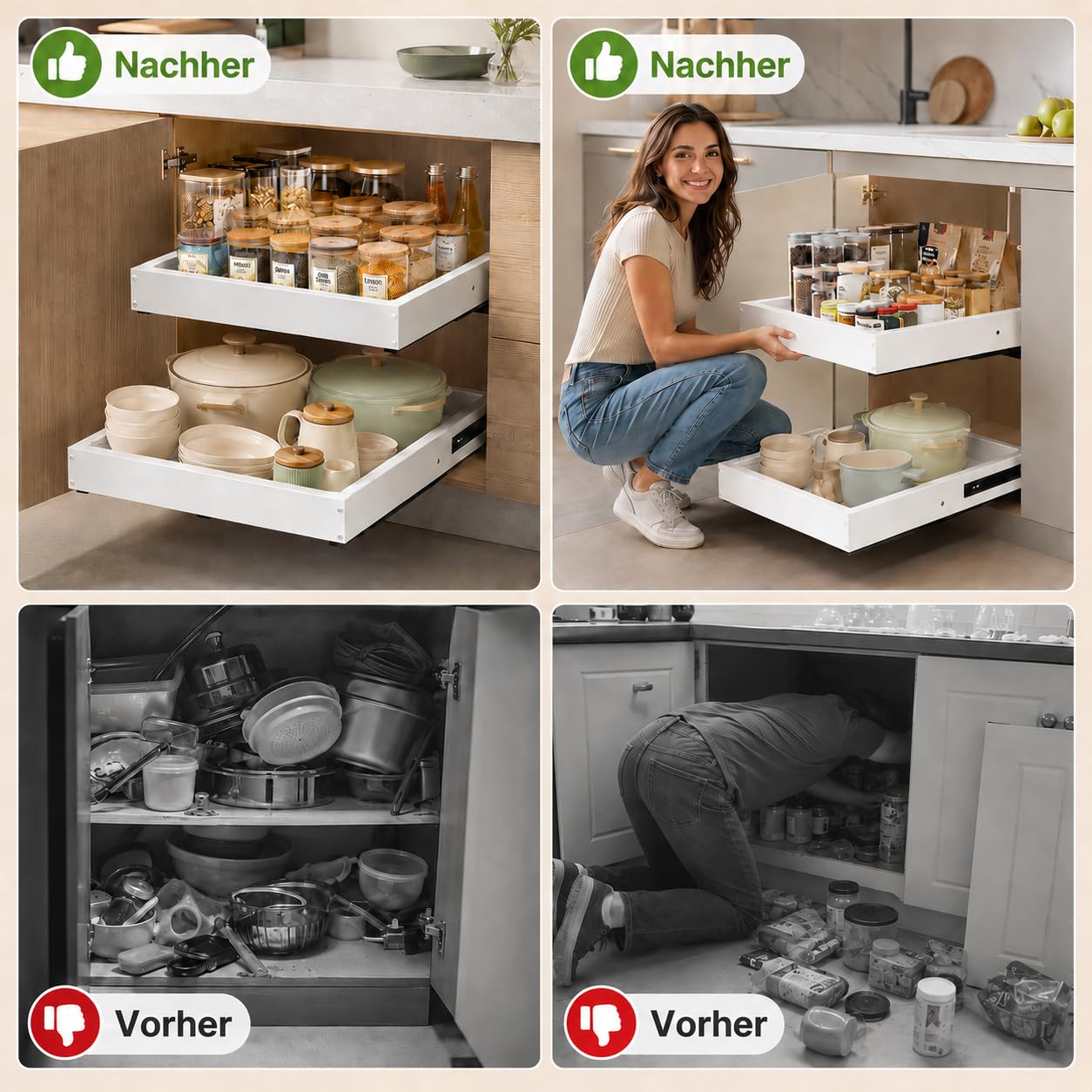 2 Stück 4 Richtungen Teleskopschublade Ausziehbare Küche Schublade, Auszug Nachrüsten Schubladeneinsatz, Küchen und Schrankorganizer mit Klebestreifen (2, Weiß, 12"-19" W x 17"-23" T)