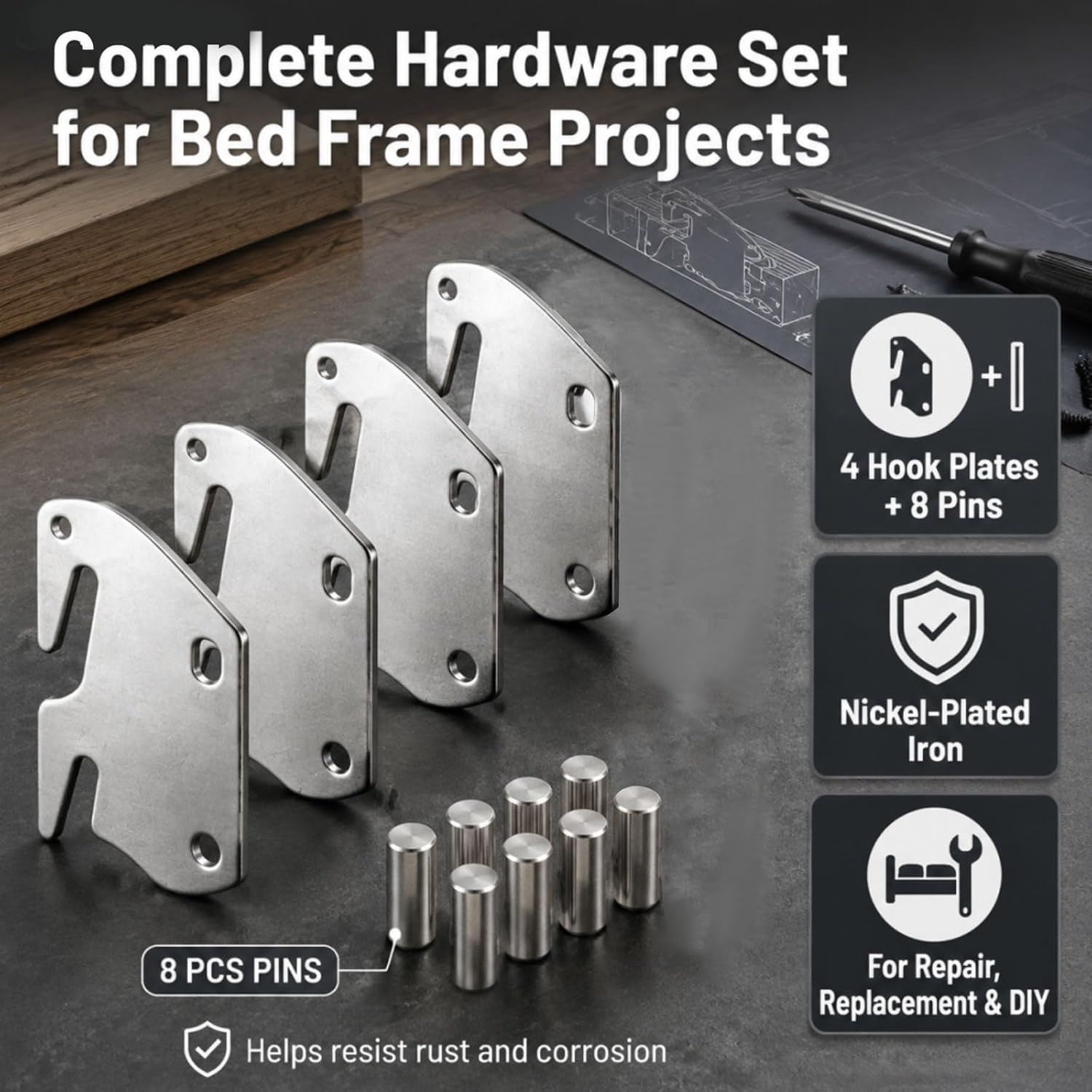 NEWHOOK 4pcs Universal Wood Bed Rail Hook Bed Frame Hooks with Pin for Bed Frame Bracket Headboard Footboard Replacement