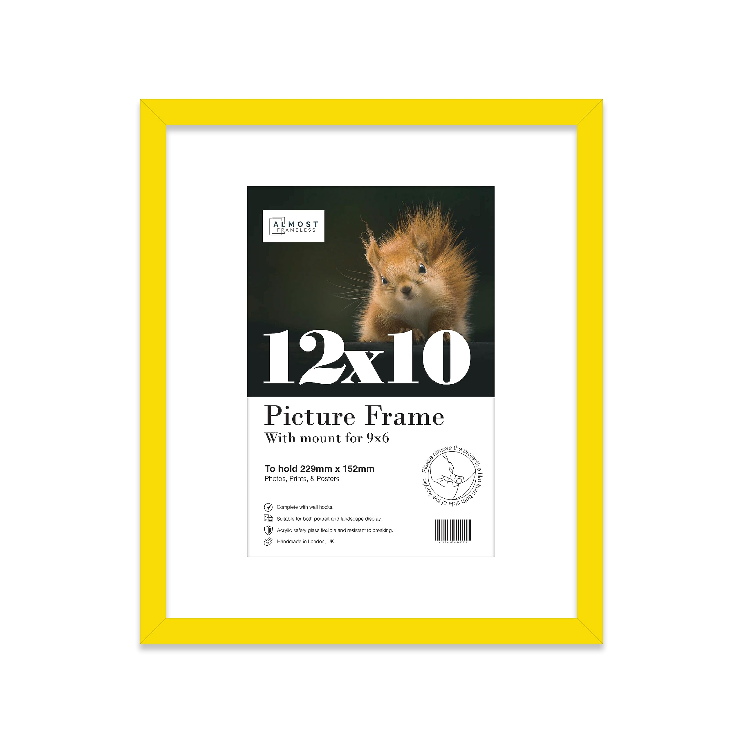 Almost Frameless 12x10 Yellow Picture Frame With Mount for 9x6 Print, Poster or Photo Poster, Photo, Artwork, or Print. Thin Edge Slim Frame Portrait and Landscape Display with Wall Hooks