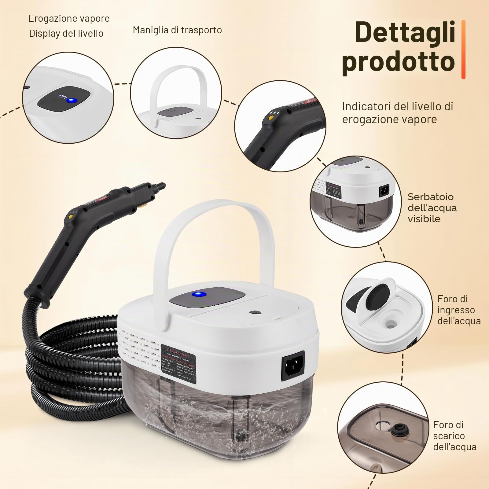 Pulire a Vapore,2500W Pulizia a Vapore Portatile con 19 Accessori,1600 ML di Serbatoio Dell'acqua,105 °C Vaporetto Portatile di Mobili Lmbottiti per Mobili da Cucina, Bagno, Auto, Pavimento, Divano