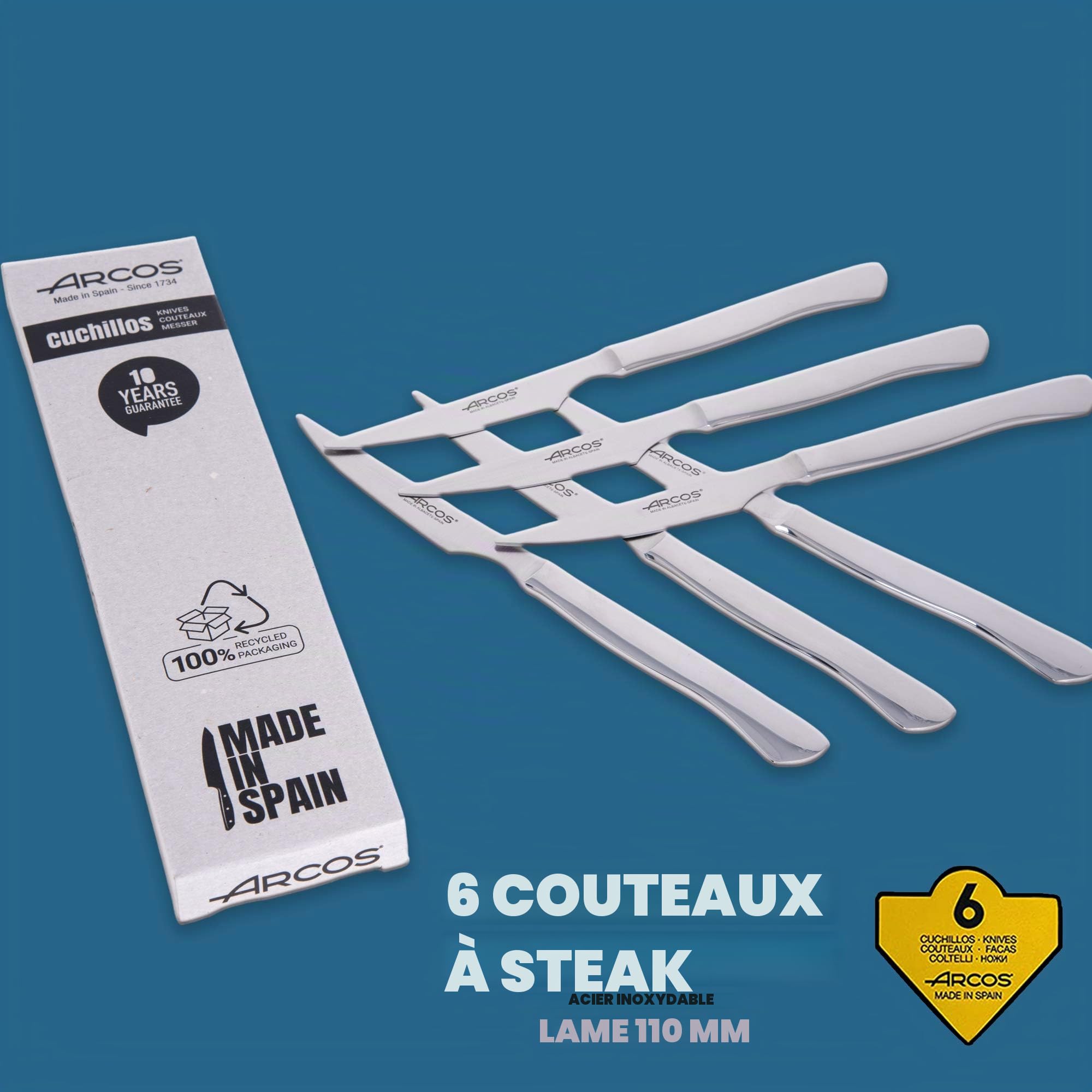 Arcos Lot de 6 couteaux à steak classiques avec manche plat Monobock Lame de 110 mm Couverts en acier inoxydable Boîte écologique (fil lisse)