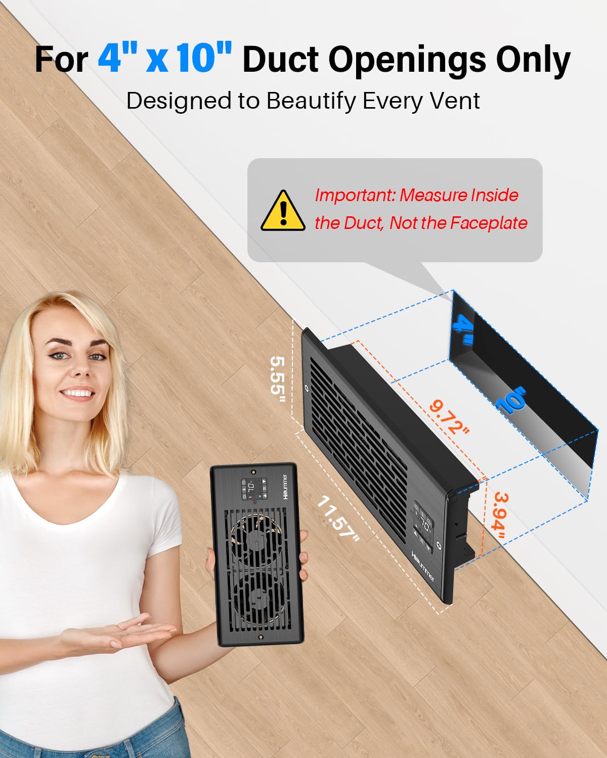 Hisummer Window Register Booster Fan Fit 4" x 10" Air Vent Duct Openings, Quiet AC Vent Fan Booster with 10 Speeds Remote Control & Thermostat Household Ventilation Fans for Room Cooling (Upgrade)