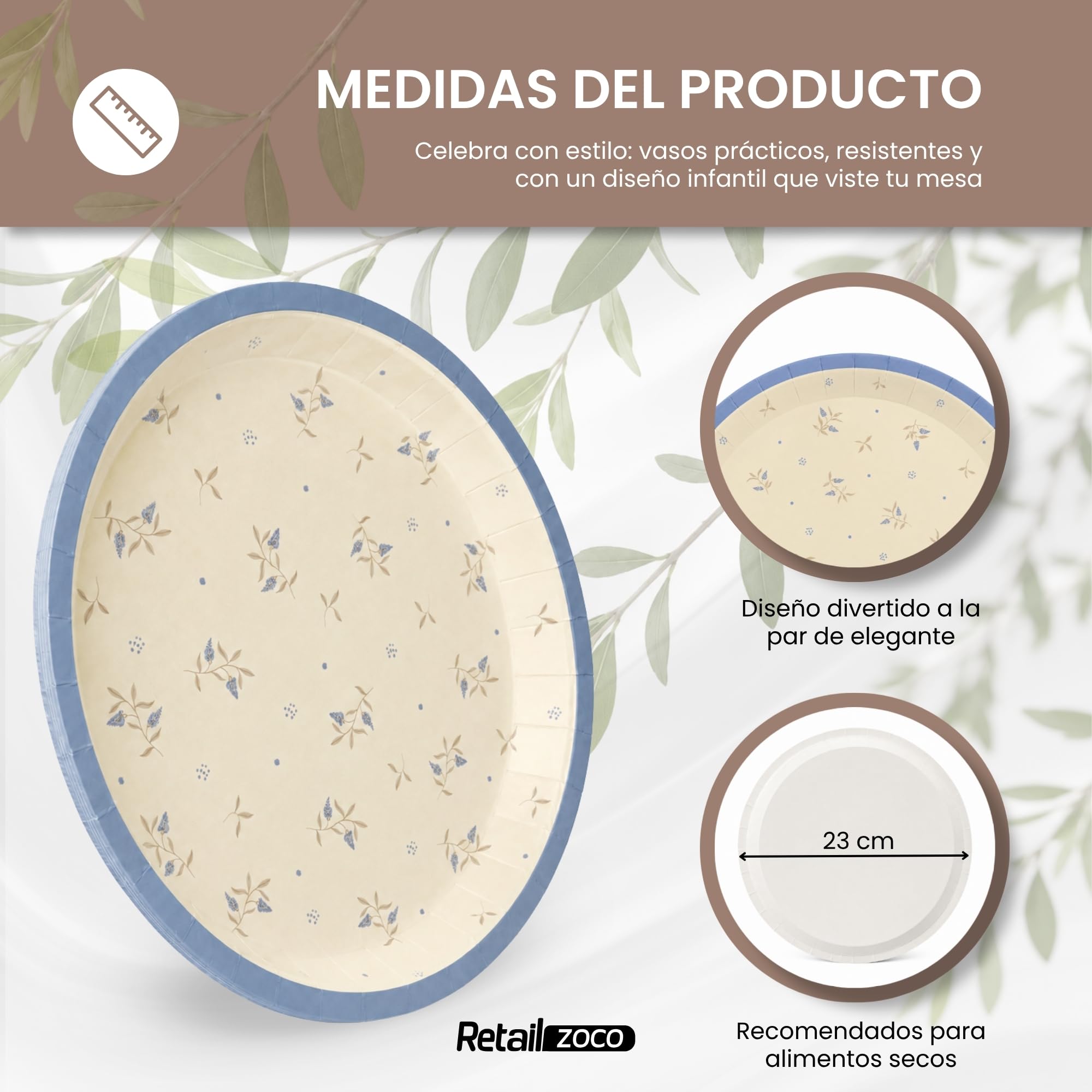 Platos de cartón, Platos Desechables cartón, Diseño Flores Azul, 6 Unidades - imagen 4