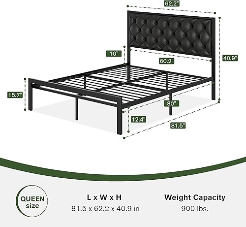 Miniatura 23 de MUTICOR Elegante marco de cama de tamaño matrimonial con cabecera tapizada de piel sintética con botones, listones de metal resistentes, Negro