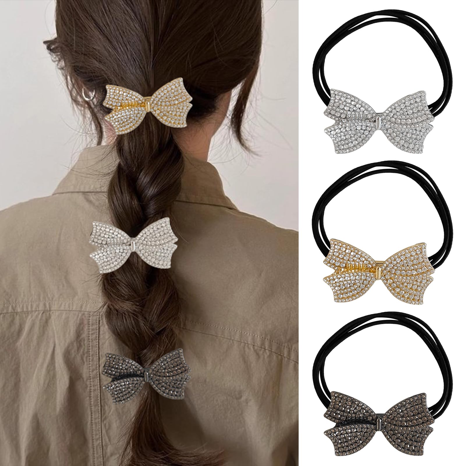 enophe 3PCS Metal Rhinestone Bow Hair Ties for Women,Sparkly Hair Scrunchies for Ponytail Holders,Cute French Elastic Rubber Band Accessories,Gold