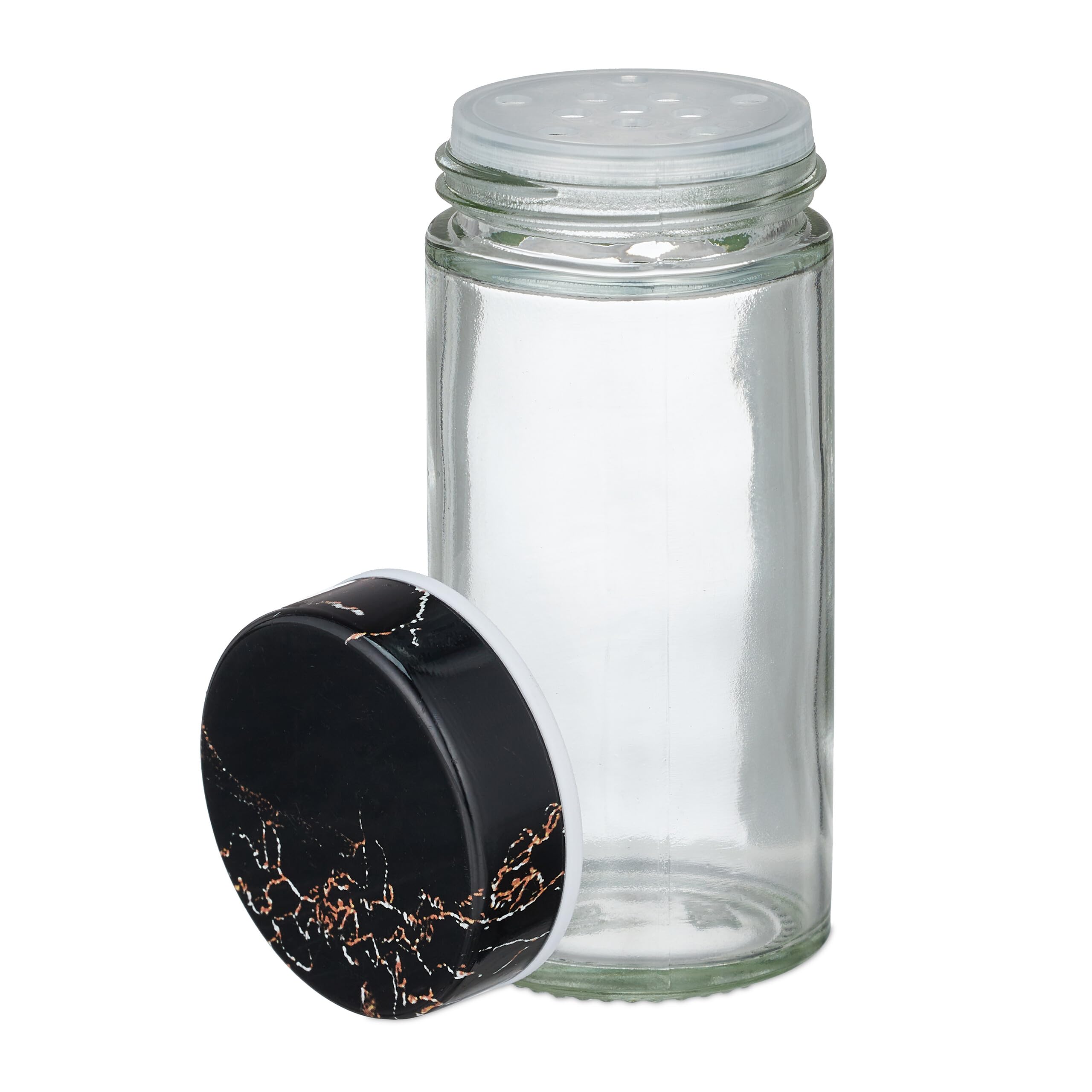 Relaxdays Portaspezie da Cucina, 16 Barattoli, Fori Spargispezie, Girevole a 360°, HxD: 27,5x19 cm, Effetto Marmo, Nero