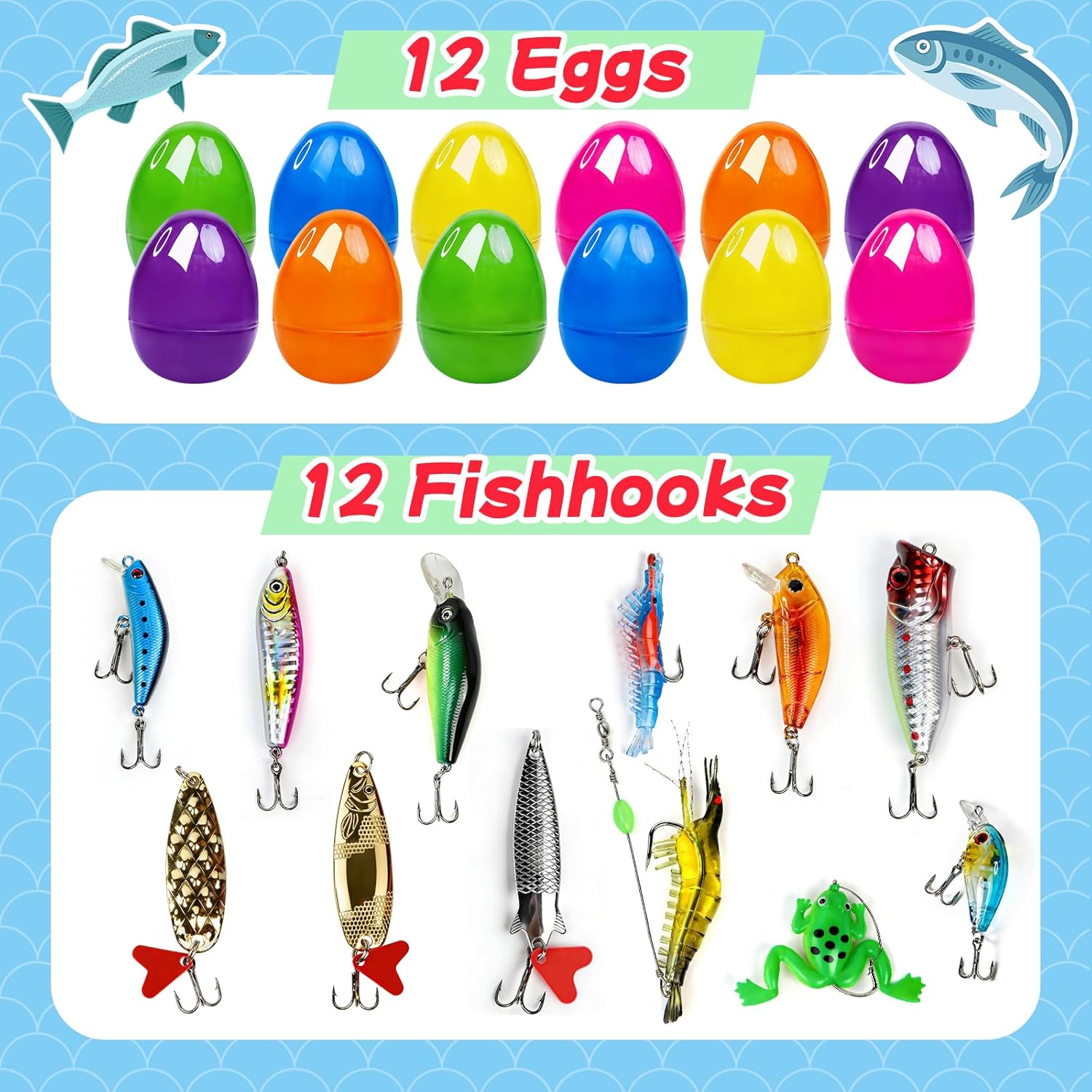 12 Pcs Prefilled Easter Eggs with Fishing Lures Baits Tackle Kit Easter Basket Stuffers Fishing Gear Accessories Egg Fillers Egg Hunt Party Favors for Teens Adults