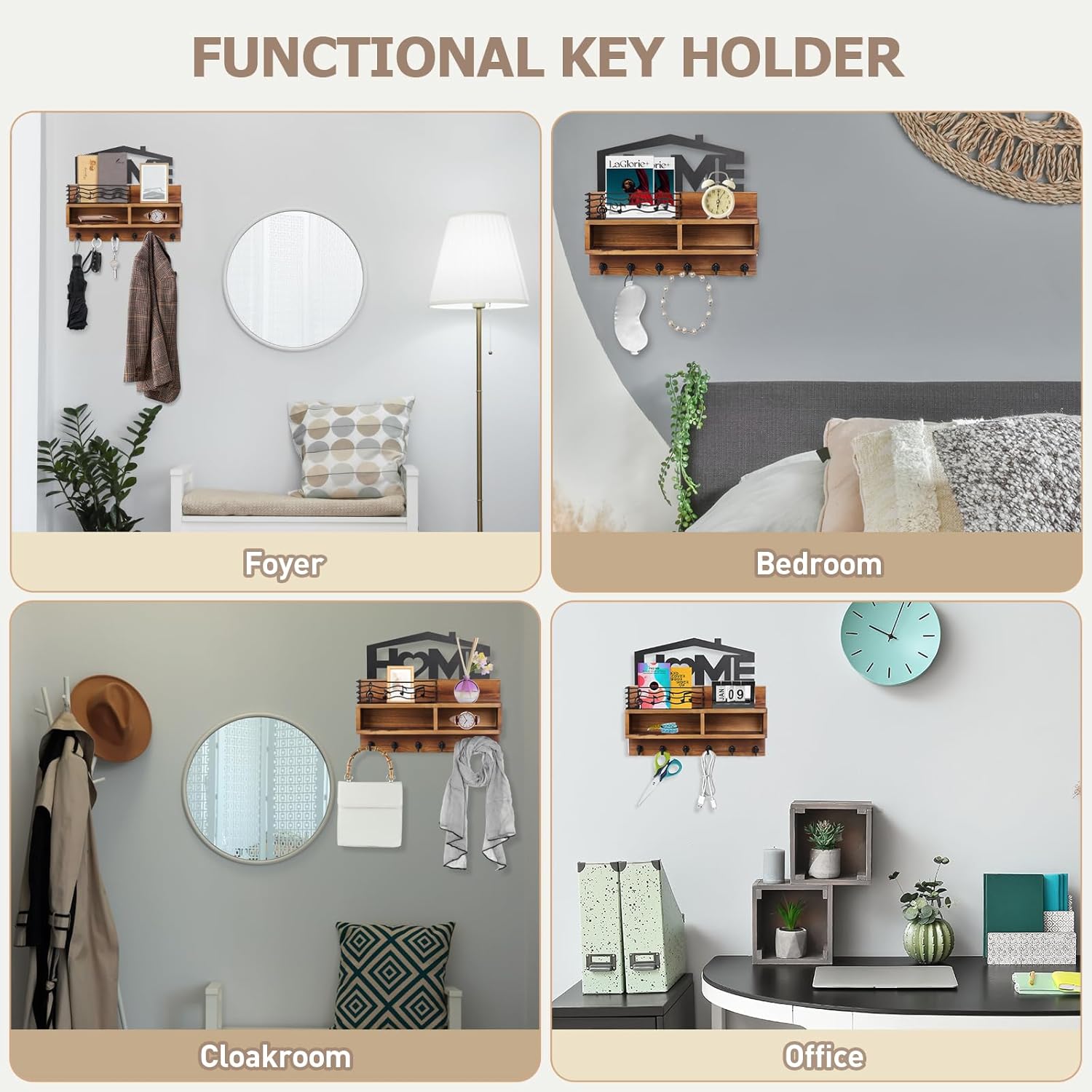 VIS'V Key Holder Wall Mount, Decorative Wooden Mail and Key Organizer with Storage Basket and Shelf, 2 Compartments, 6 Hooks, Brown