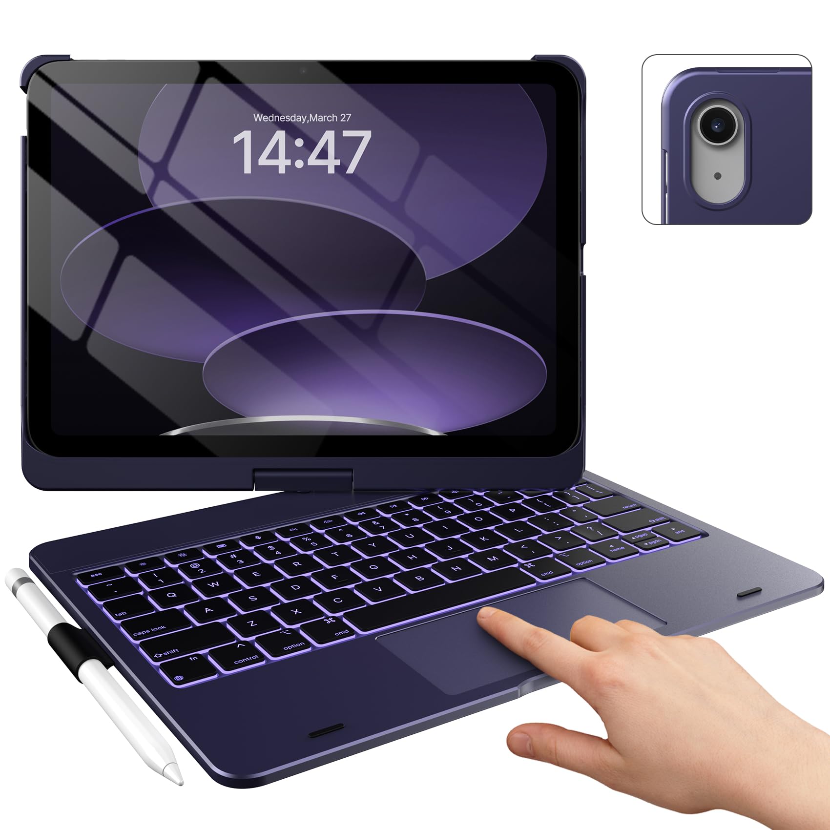 typecase Touch iPad 10th Generation Case with Keyboard (10.9", 2022) and iPad A16 (11th Gen, 2025) – 360° Rotatable, 11-Color Backlit, Multi-Touch Trackpad, Thin & Light (Midnight Amethyst)