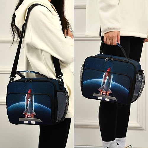 Miniatura 7 de KFBE Space Rocket - Lonchera infantil aislada de la NASA, bolsa de mano con correa extraíble para el hombro para niños y niñas estudiantes