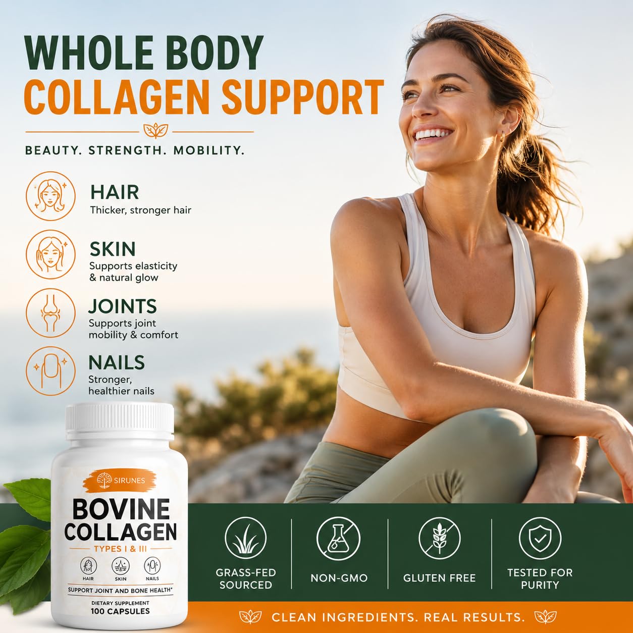 SIRUNES Bovine Collagen Supplements for Men and Women I Hydrolyzed Grass Fed Bovine Collagen Peptides Dietary Supplement for Joint, Nerve & Bone Support - Non-GMO, Anti-Aging - 100 Capsules — Amazon image 3