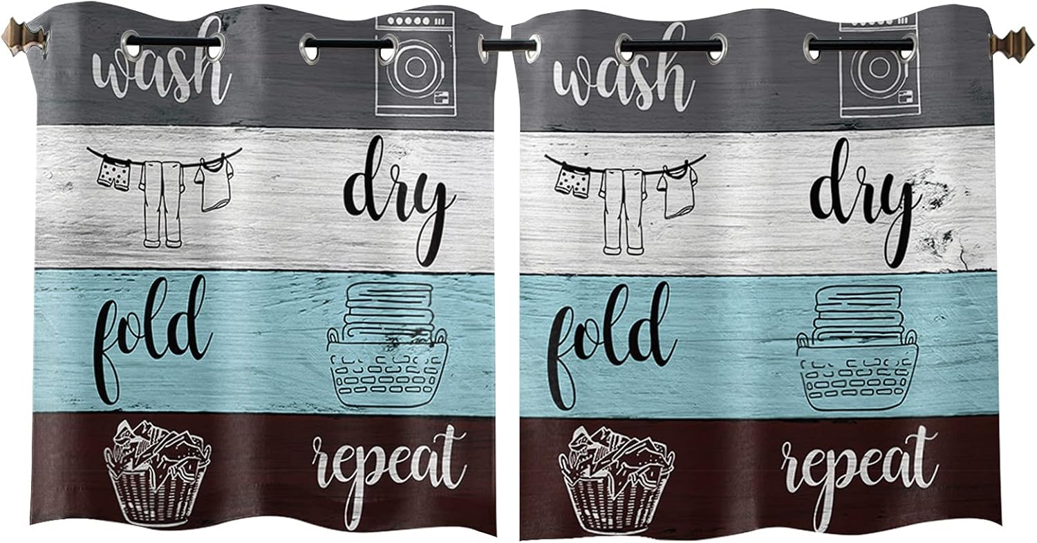 Window Curtains 2 Panels Grommet Top Drapes, Vintage Wood Laundry Wash Dry Flod Repeat Art Privacy Sunlight Through Window Treament for Kitchen Bedroom Living Room Decor Rustic Wooden Board