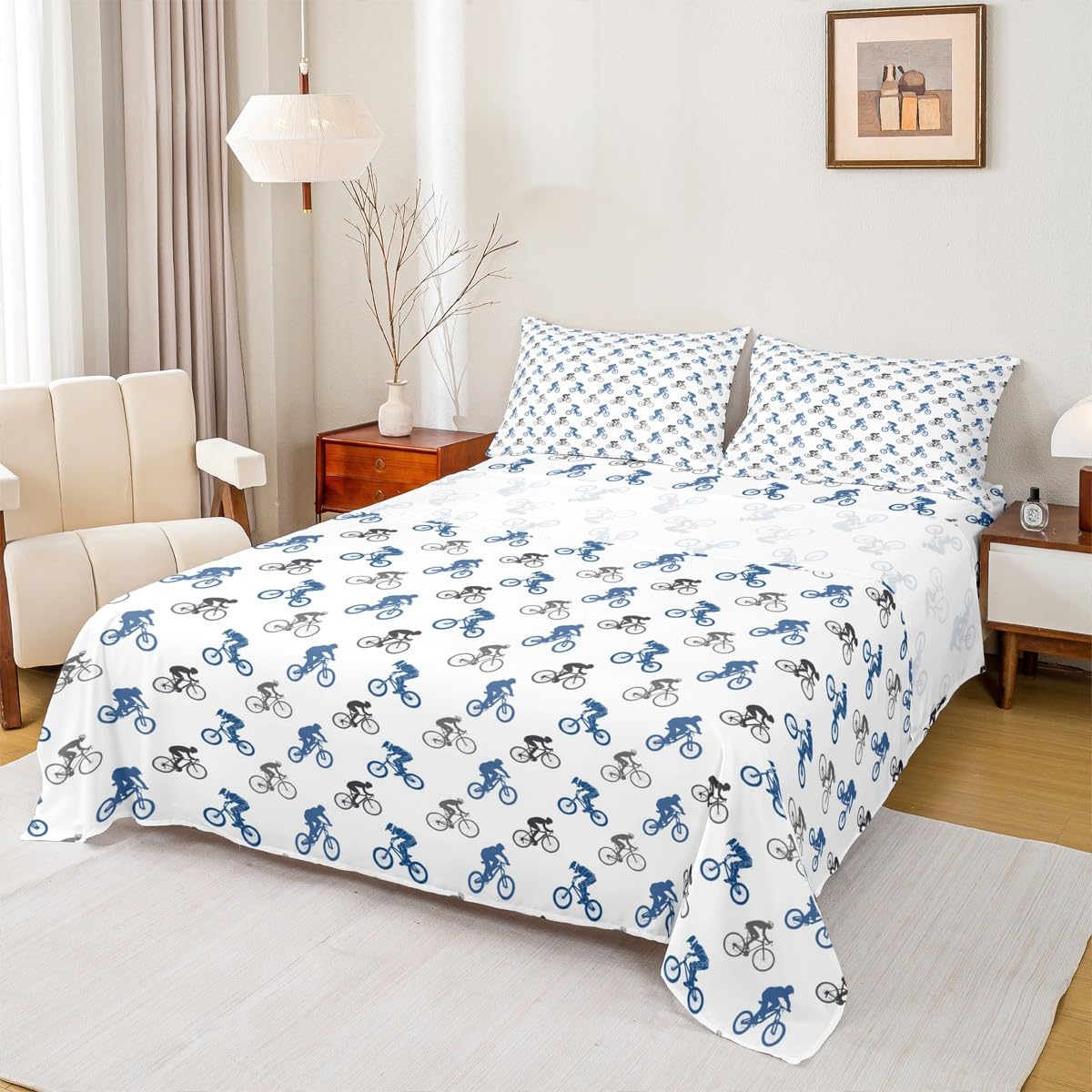 Erosebridal Boys Blue Black Sheet Set Queen Size Mountain Bike Bedding Set Sports Bicycle Bed Sheet Set for