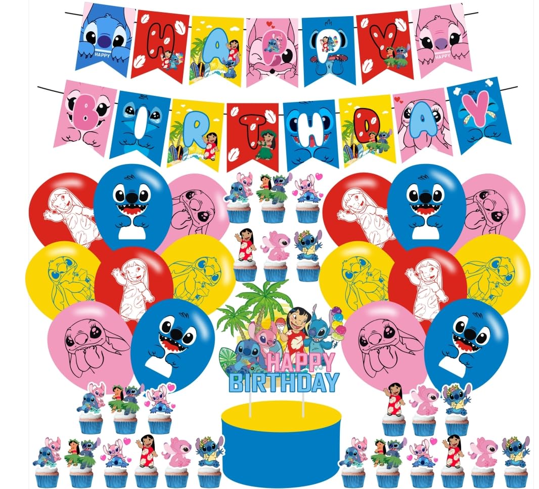Cartoon Blue Birthday Party Decorations, Room Decorations, Stittchs Merch Include Cartoon Party Balloons, Kawaii Blue Birthday Party Banner,Cake